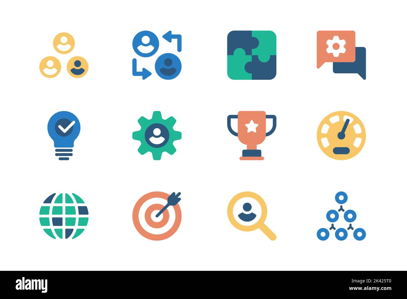 Concept de travail d'équipe d'icônes de Web dans la conception plate simple. Pack d'équipe, échange d'expérience, puzzle, brainstorming, paramètres, leadership, coupe gagnante Illustration de Vecteur
