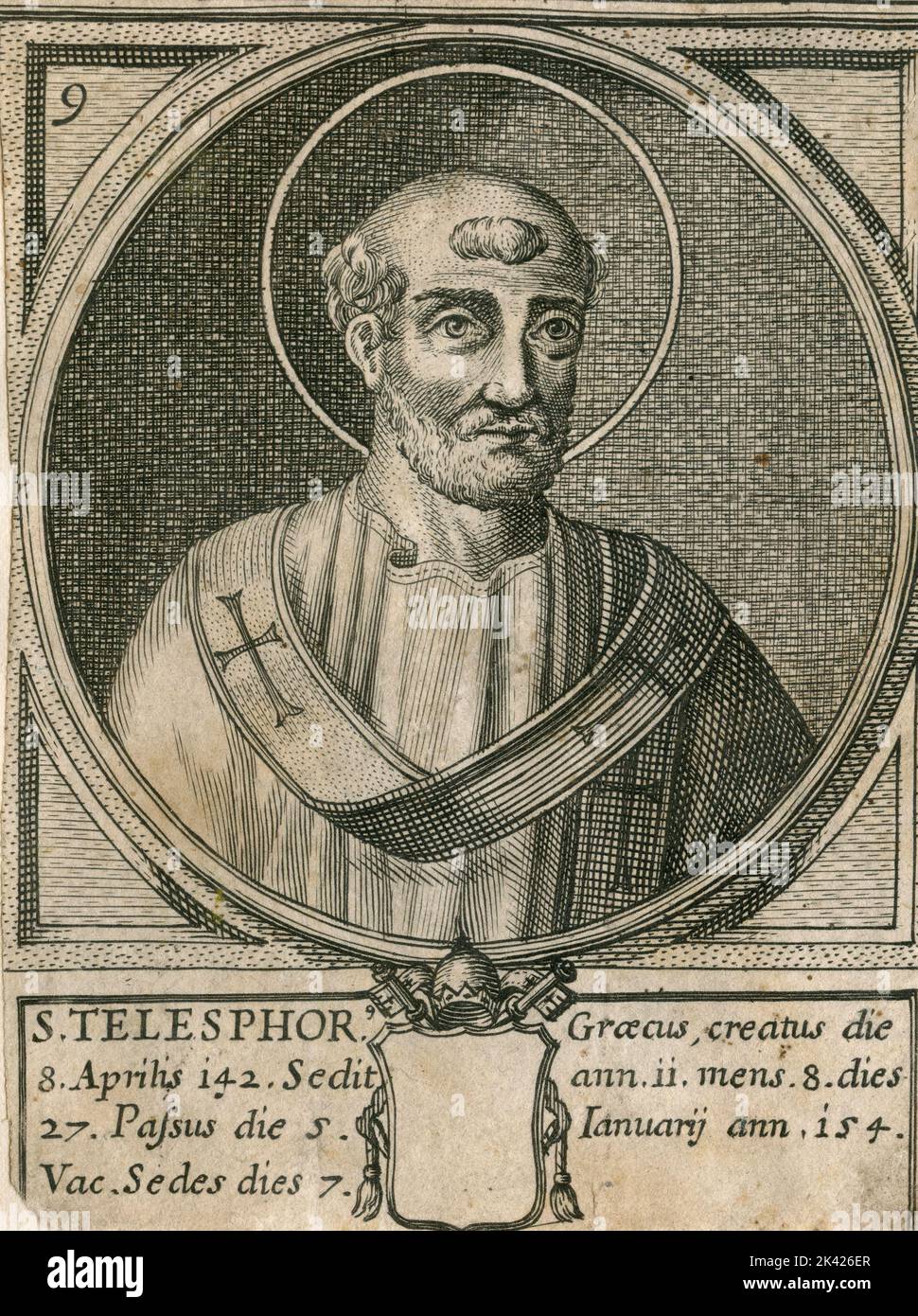 Portrait du Pape Saint-Telesphorus, gravure du Summorum Romanorum Pontificum par Giovanni Giacomo de' Rossi, 1675 Banque D'Images