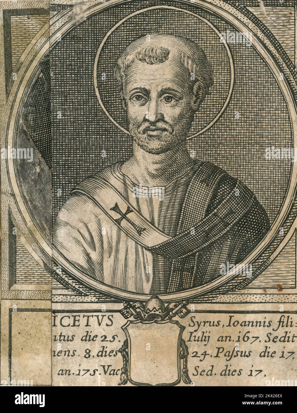 Portrait du Pape Saint Anicetus, gravure du Summorum Romanorum Pontificum par Giovanni Giacomo de' Rossi, 1675 Banque D'Images