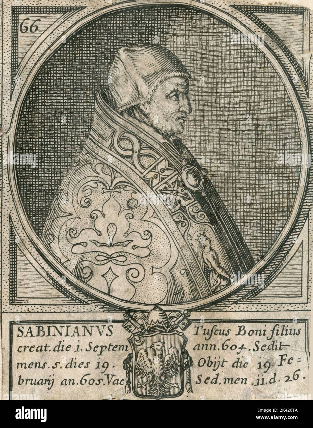 Portrait du Pape Sabinianus, gravure du Summorum Romanorum Pontificum par Giovanni Giacomo de' Rossi, 1675 Banque D'Images