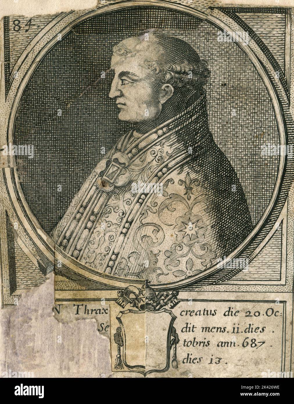 Portrait du Pape Conon, gravure du Summorum Romanorum Pontificum par Giovanni Giacomo de' Rossi, 1675 Banque D'Images