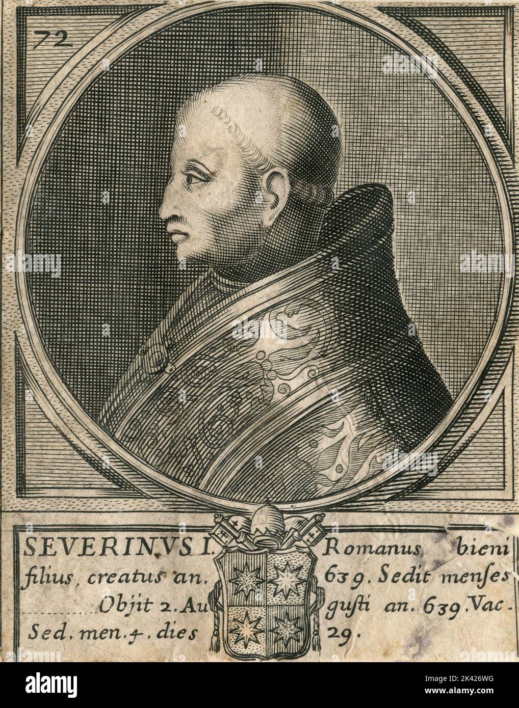 Portrait du Pape Severinus I, gravure du Summorum Romanorum Pontificum par Giovanni Giacomo de' Rossi, 1675 Banque D'Images