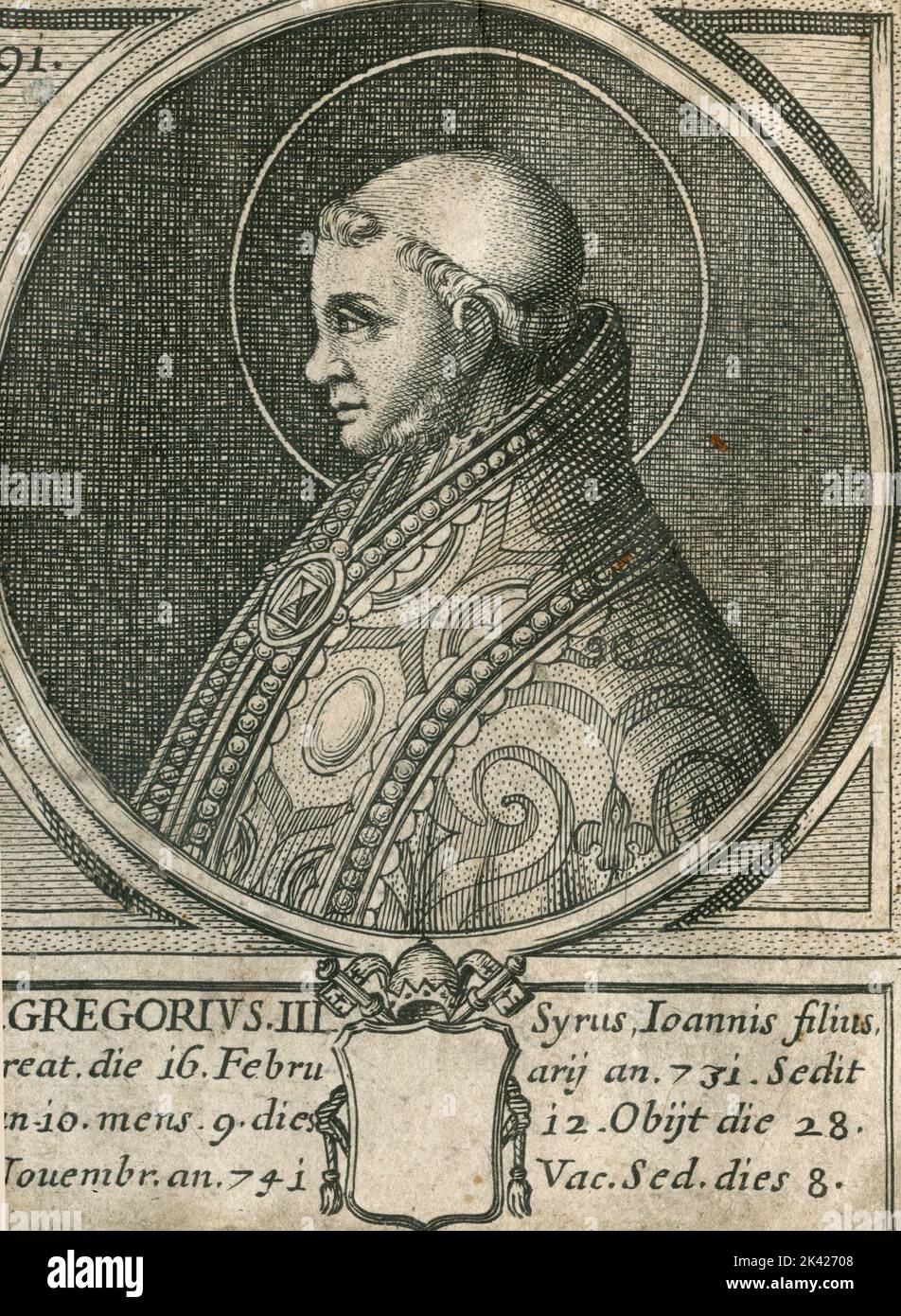 Portrait du Pape Saint-Grégorius II, gravure du Summorum Romanorum Pontificum par Giovanni Giacomo de' Rossi, 1675 Banque D'Images