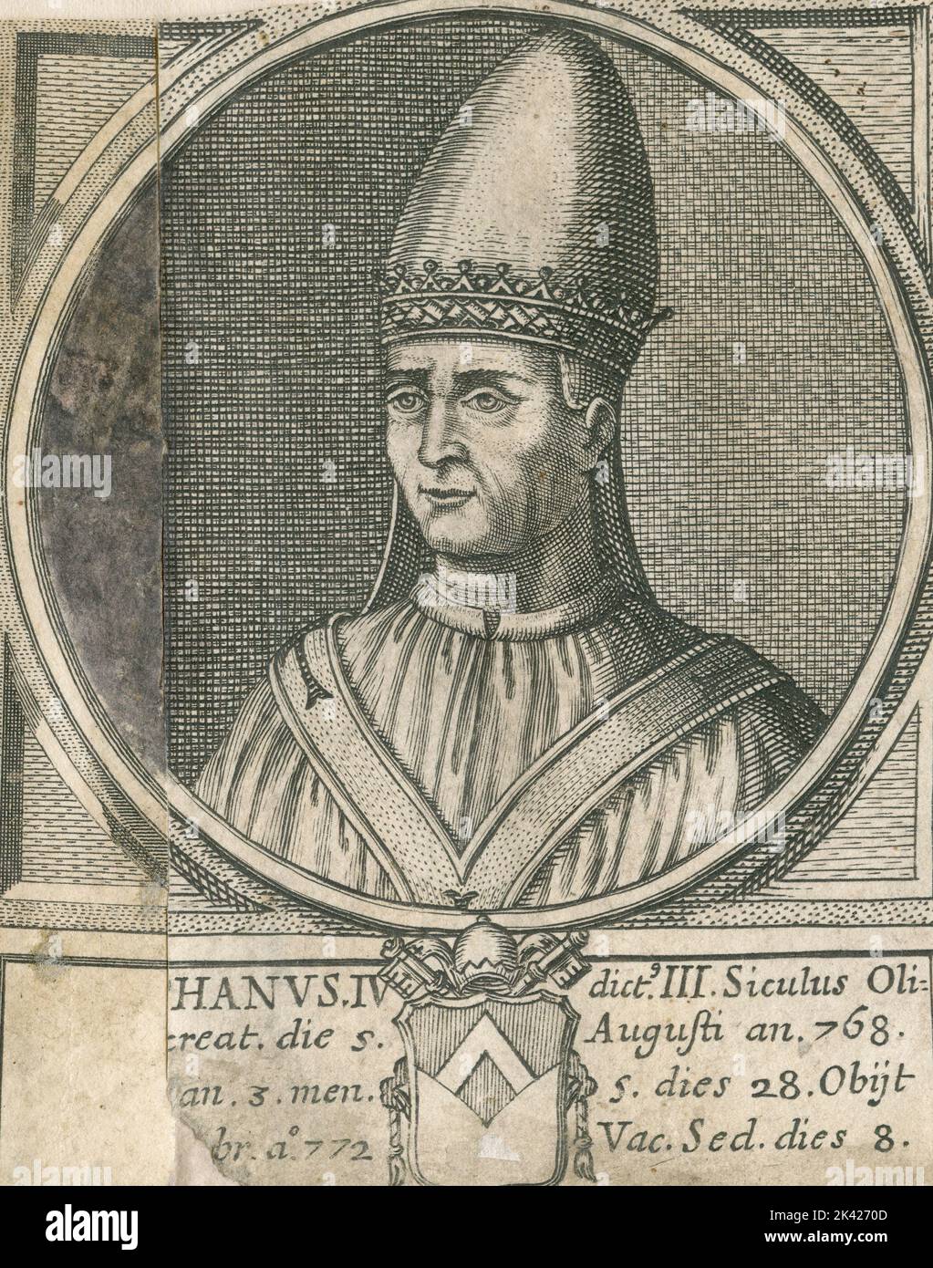 Portrait du Pape Stephanus IV, gravure du Summorum Romanorum Pontificum par Giovanni Giacomo de' Rossi, 1675 Banque D'Images