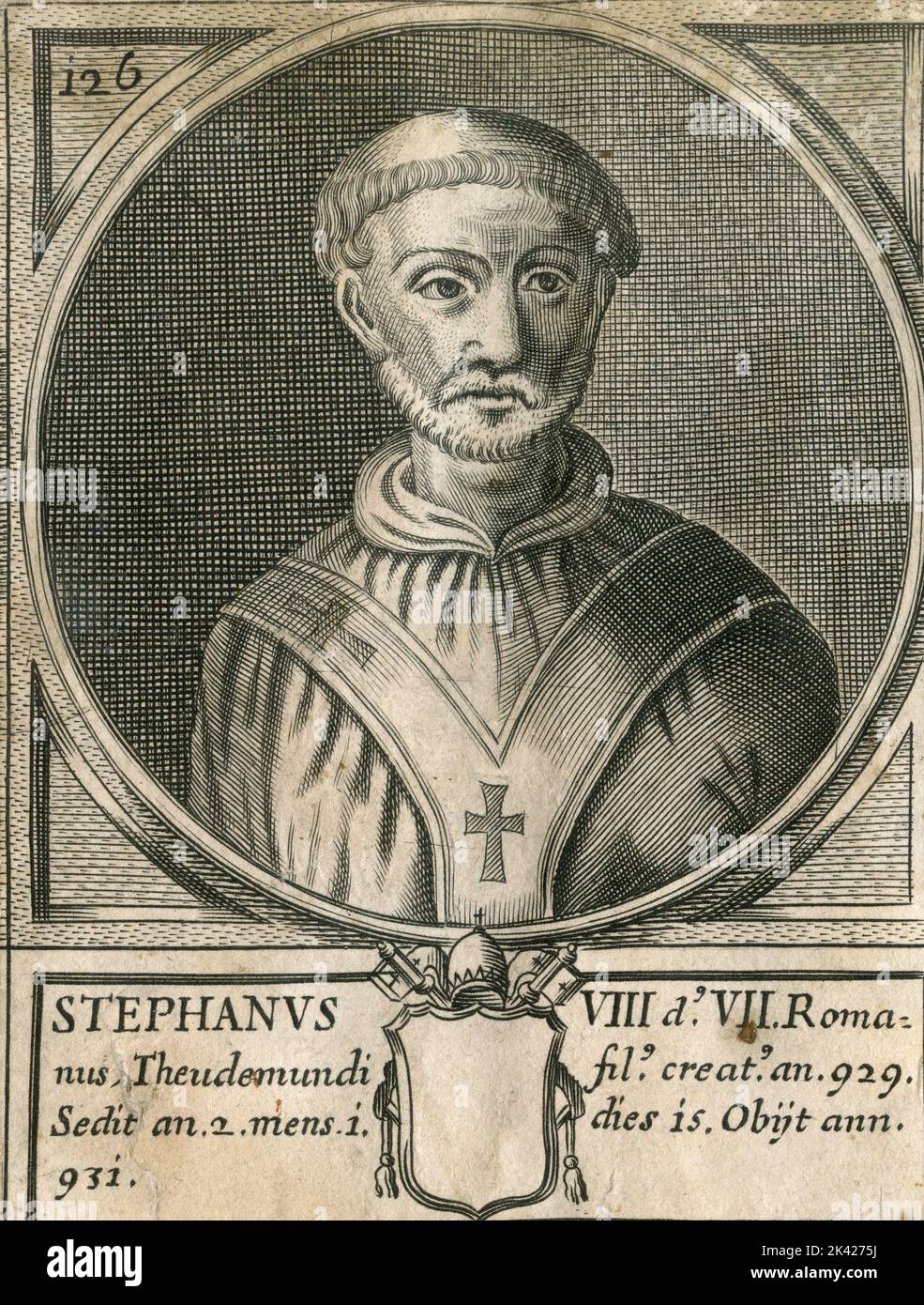 Portrait du Pape Stephanus VIII, gravure du Summorum Romanorum Pontificum par Giovanni Giacomo de' Rossi, 1675 Banque D'Images