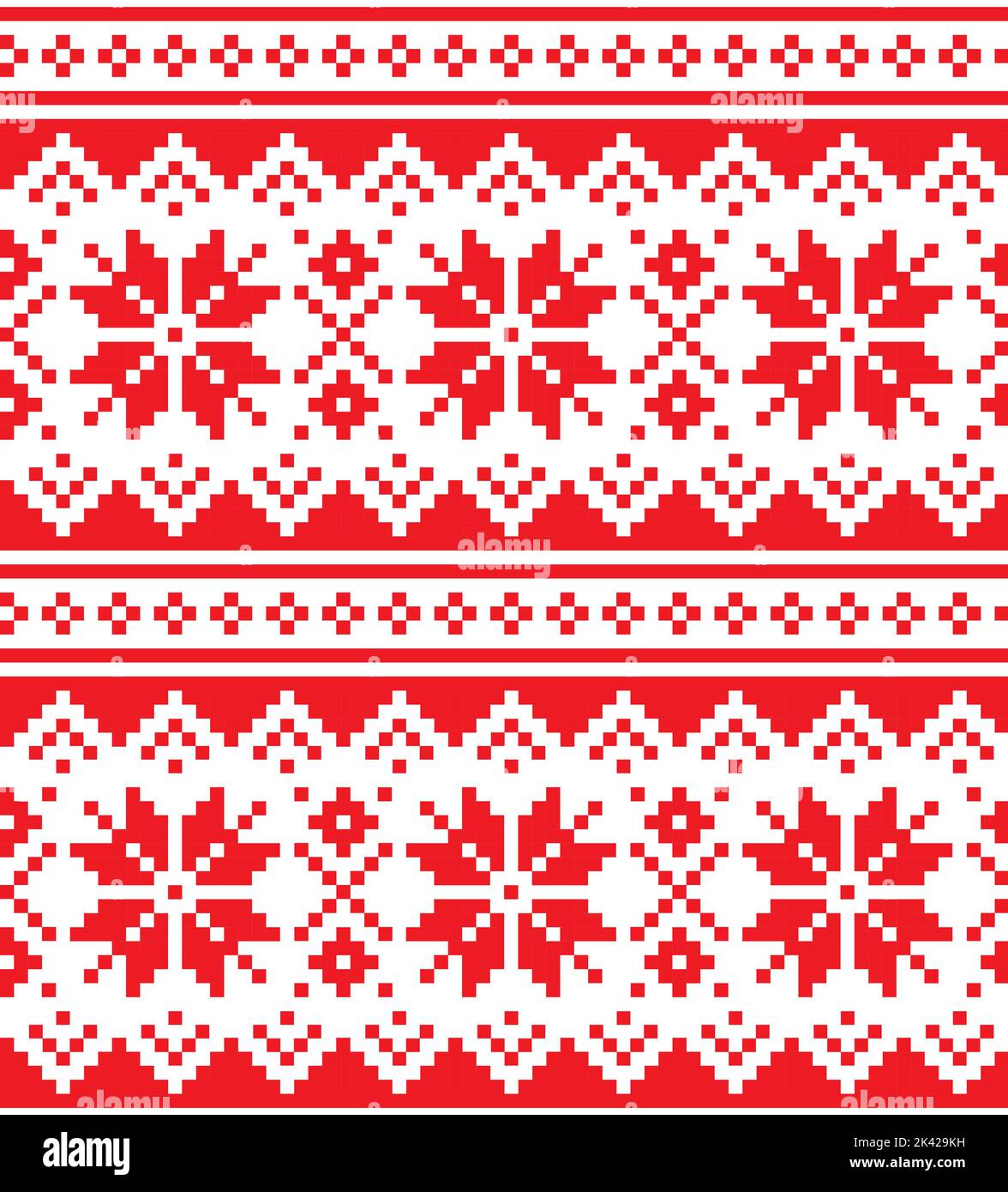 Ensemble de motifs vectoriels de Noël d'hiver sans coutures avec flocons de neige rouges - corss-Stitch inspiré de l'art populaire sami de Laponie Illustration de Vecteur