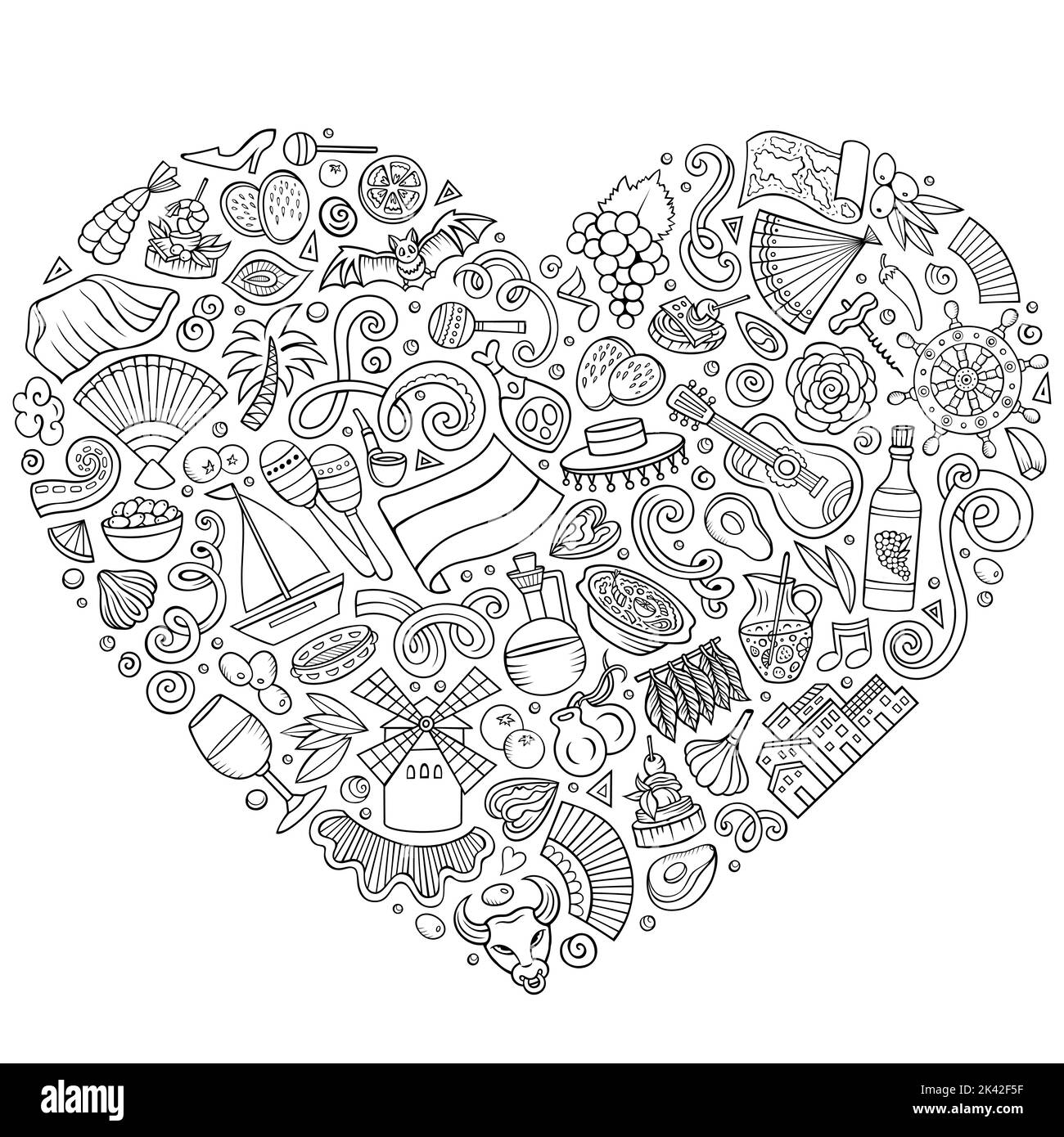 Ensemble d'objets, symboles et objets de dessin animé espagnol Illustration de Vecteur