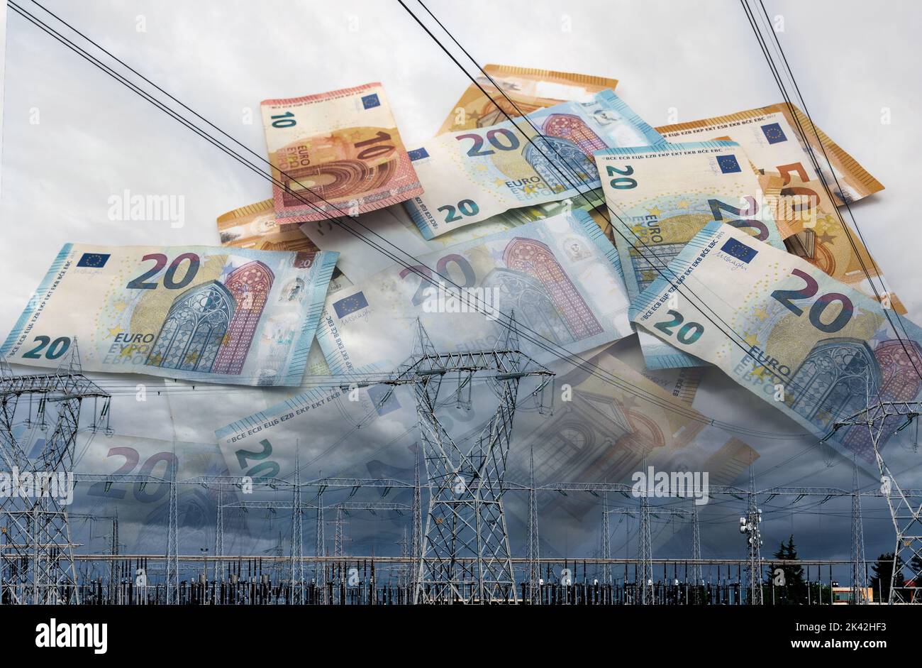 Tour électrique et euro-monnaie, lignes haute tension sur billets en euros , concept de coût énergétique Banque D'Images