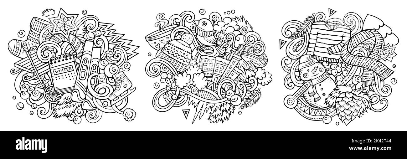 Ensemble de motifs de dessin animé d'hiver à motif caniche. Illustration de Vecteur