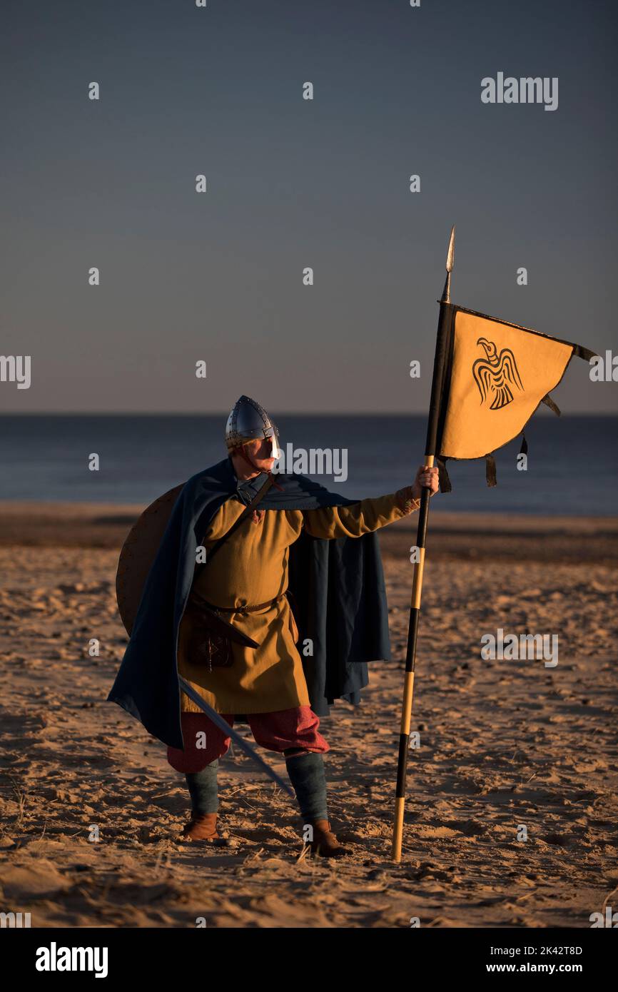 Guerrier viking debout sur une plage avec bannière montrant corbeau Banque D'Images