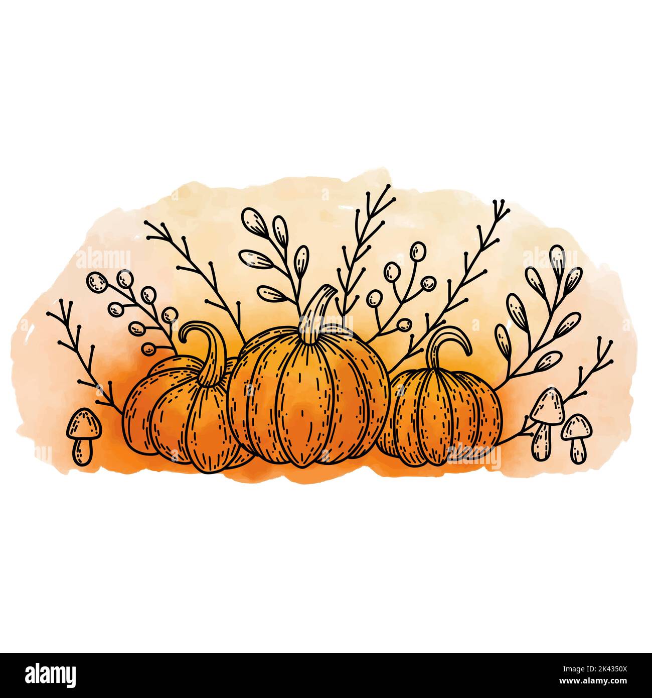 Automne agréable encore la vie avec le contour de doodle citrouilles noires, champignons, feuilles et branches sur fond orange coloré aquarelle pour Thanksgiving Illustration de Vecteur
