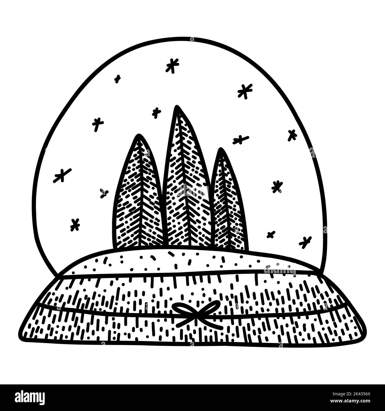 Boule à neige avec sapin en forme de dessin animé, style linéaire. Cadeau de Noël et du nouvel an en verre, tiré à la main Illustration de Vecteur