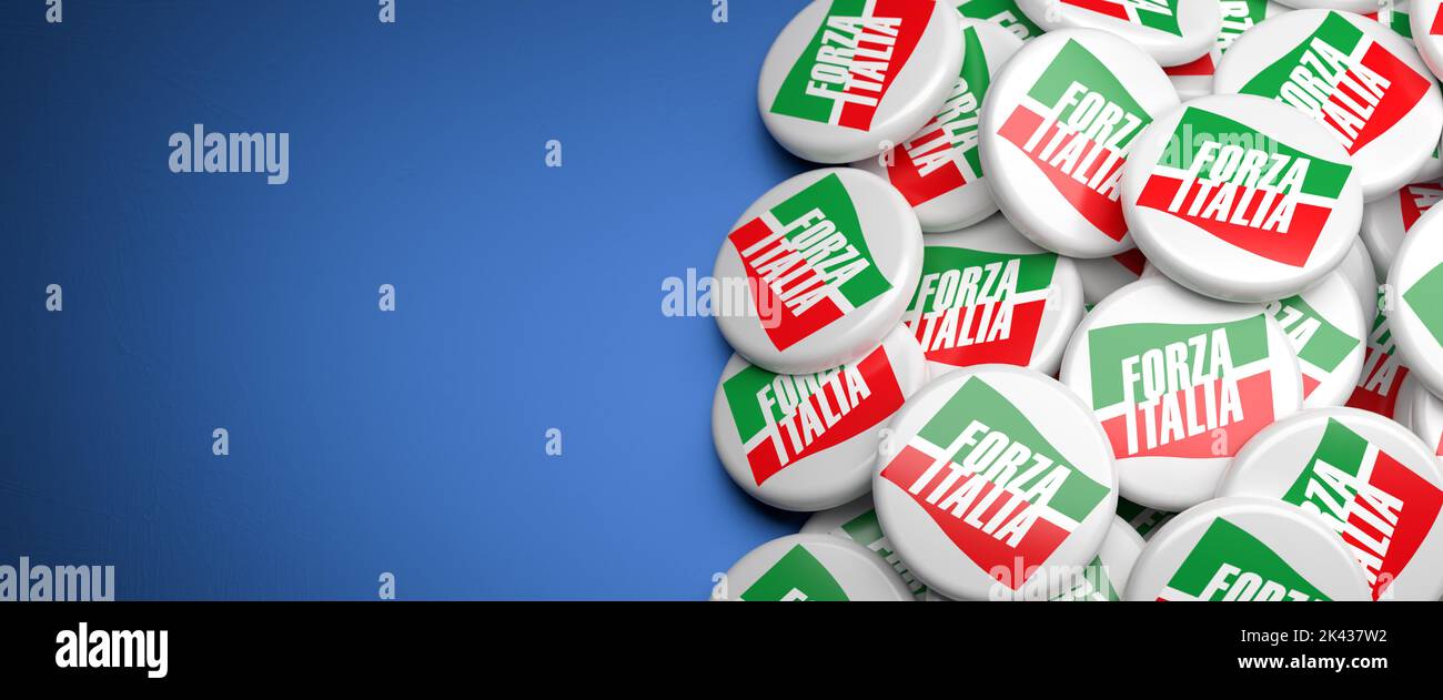 Logos de l'aile droite italienne Forza Italia sur un tas. Format de bannière Web avec espace de copie. Banque D'Images