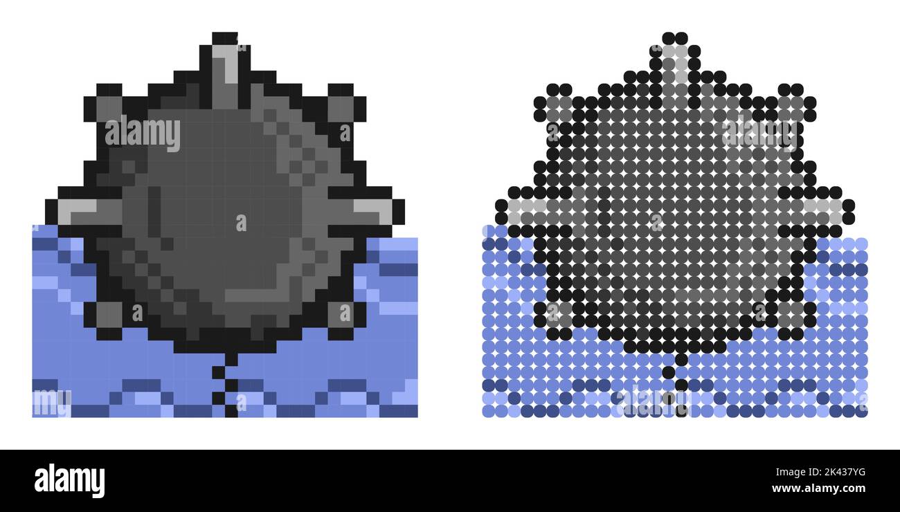 Icône pixel. Combat naval anti sous-marin mine. Lutte contre les navires ennemis. Vecteur de jeu rétro simple isolé sur fond blanc Illustration de Vecteur