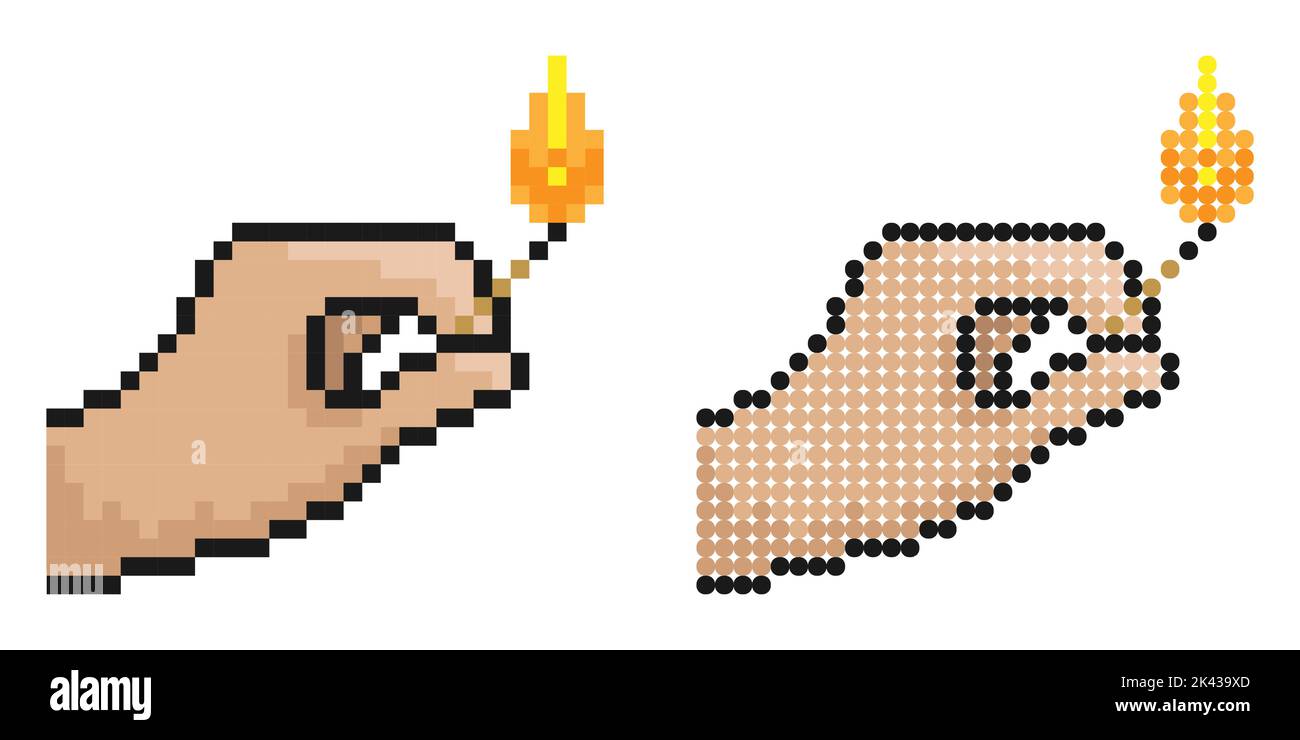 Icône pixel. La main tient le match brûlant. Manipulation prudente de l'incendie. Vecteur de jeu rétro simple isolé sur fond blanc Illustration de Vecteur