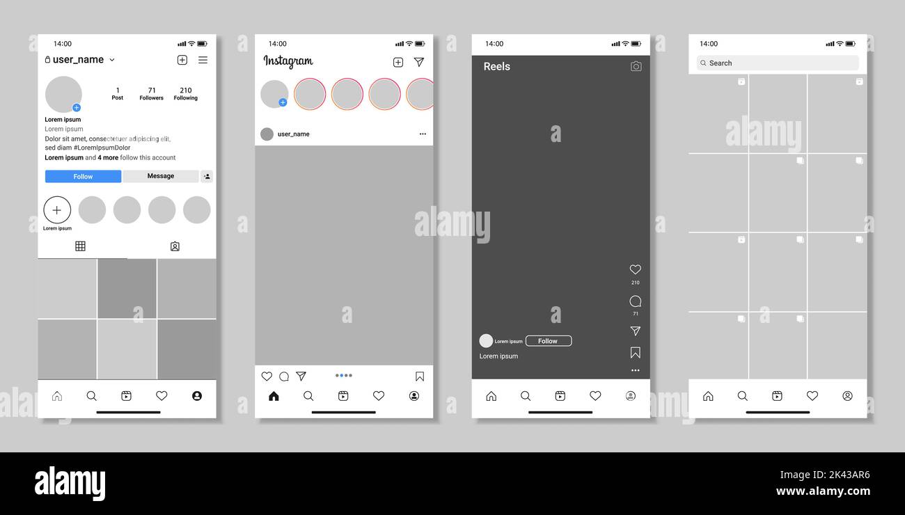 Modèle de page d'application mobile sur les réseaux sociaux. Maquette Instagram de réseau social. Illustration vectorielle Illustration de Vecteur