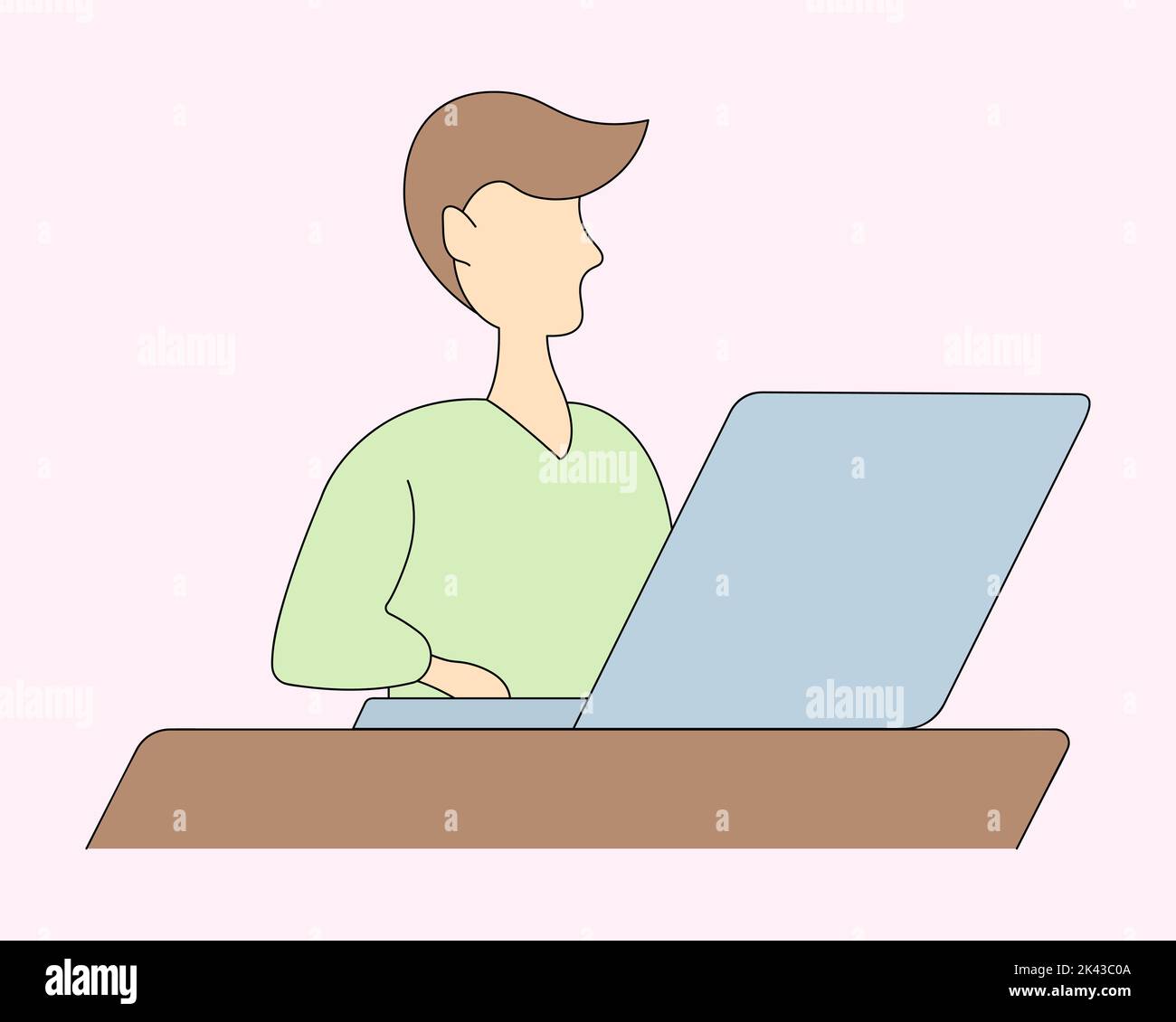 L'étudiant travaille sur un ordinateur portable. Illustration à vecteur de couleur. Un jeune homme s'assoit à une table devant un ordinateur portable ouvert et appuie sur les touches. t Illustration de Vecteur