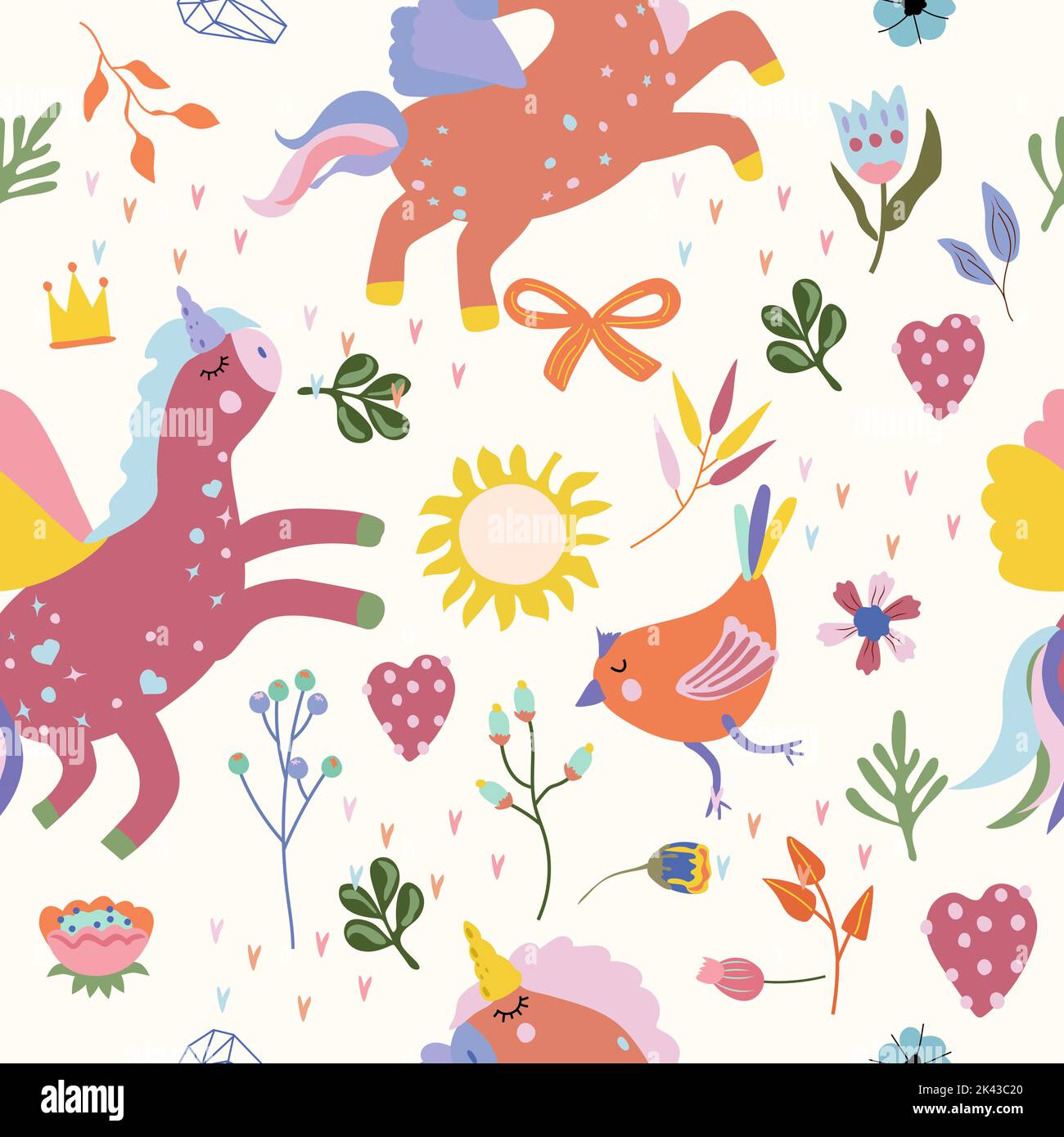 Motif sans couture avec Unicorn magique, fleurs et feuilles colorées, oiseau drôle, soleil. Joli motif avec Unicorn peut être utilisé comme textile, papier peint, bannière et autre. Illustration vectorielle Illustration de Vecteur
