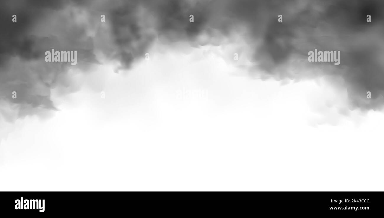Fumée réaliste noire, nuages de poussière isolés sur fond blanc. Pollution par le smog ou le brouillard sale. Pollution de l'air, effet de brume. Fumée provenant d'un incendie ou d'une explosion Illustration de Vecteur