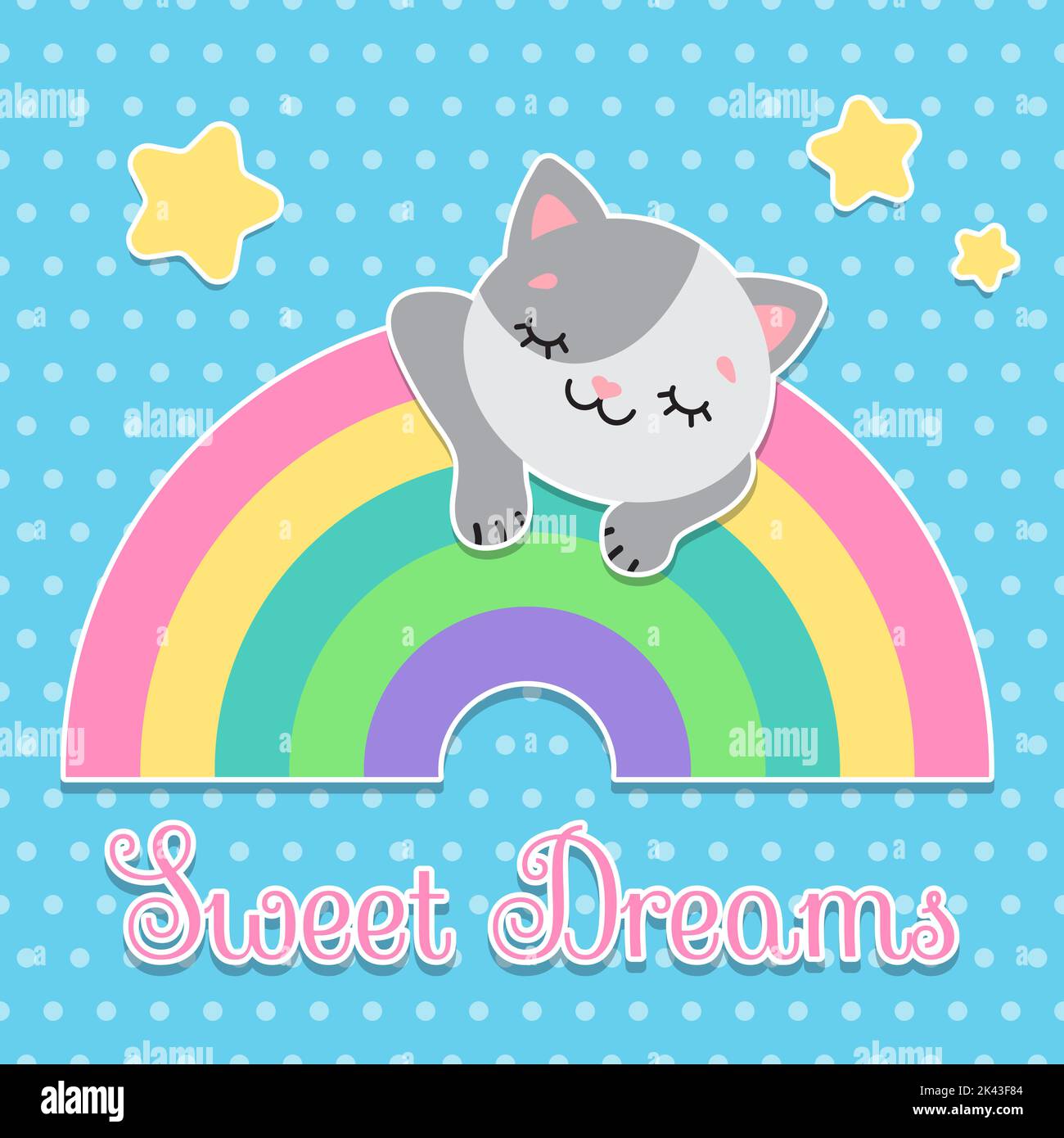 Carte postale Sweet Dreams. Le chat dort sur l'arc-en-ciel. Palette pastel. Joli simple vecteur plat..illustration.. Illustration de Vecteur