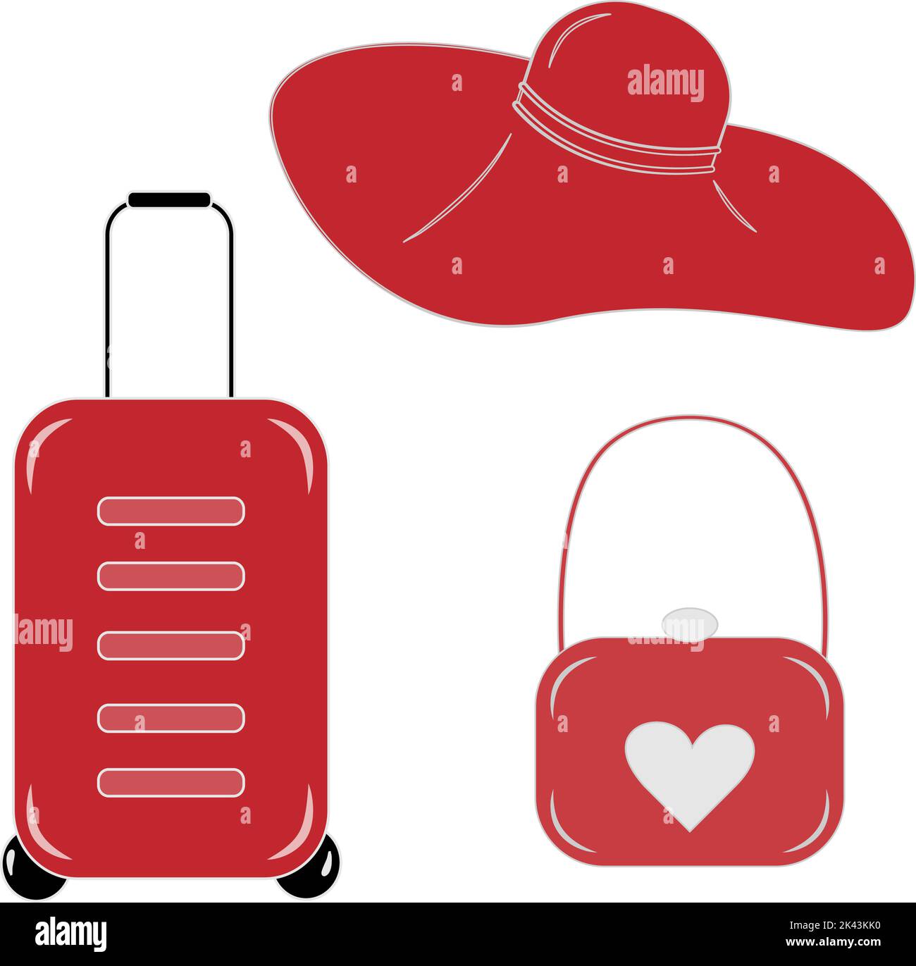 Ensemble de valises de voyage rouges sur roulettes, style dessin animé, sur fond transparent. Isoler. Icône pour le voyage, le tourisme ou les vacances d'été. Bon pour le logo, le motif, l'affiche, la bannière, l'icône, placer, saluer Illustration de Vecteur
