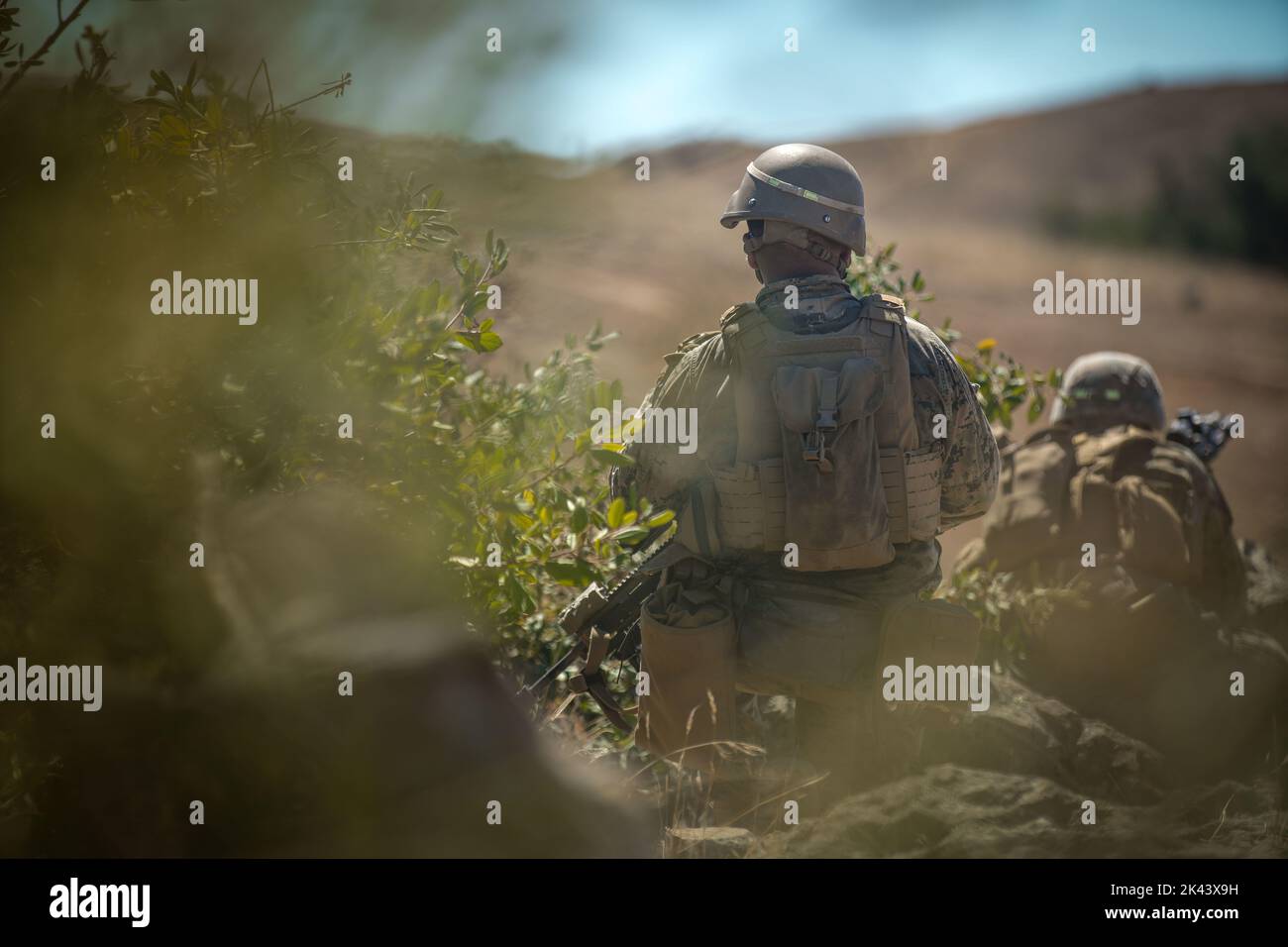 Une marine américaine affectée à Alpha Company, 1st Bataillon, 1st Marine Regiment, 1st Marine Division, établit la sécurité tout en menant la gamme 800 lors d'un exercice de champ de bataillon au camp de base du corps des Marines Pendleton, Californie, le 20 septembre 2022. La gamme 800 a amélioré l’efficacité de la Compagnie Alpha dans les opérations de peloton indépendant et les compétences de base de l’équipe de soutien au feu pendant le FEX plus important, dans le but d’accroître l’état de préparation au combat du bataillon. (É.-U. Photo du corps marin par Sgt. Sydney Smith) Banque D'Images