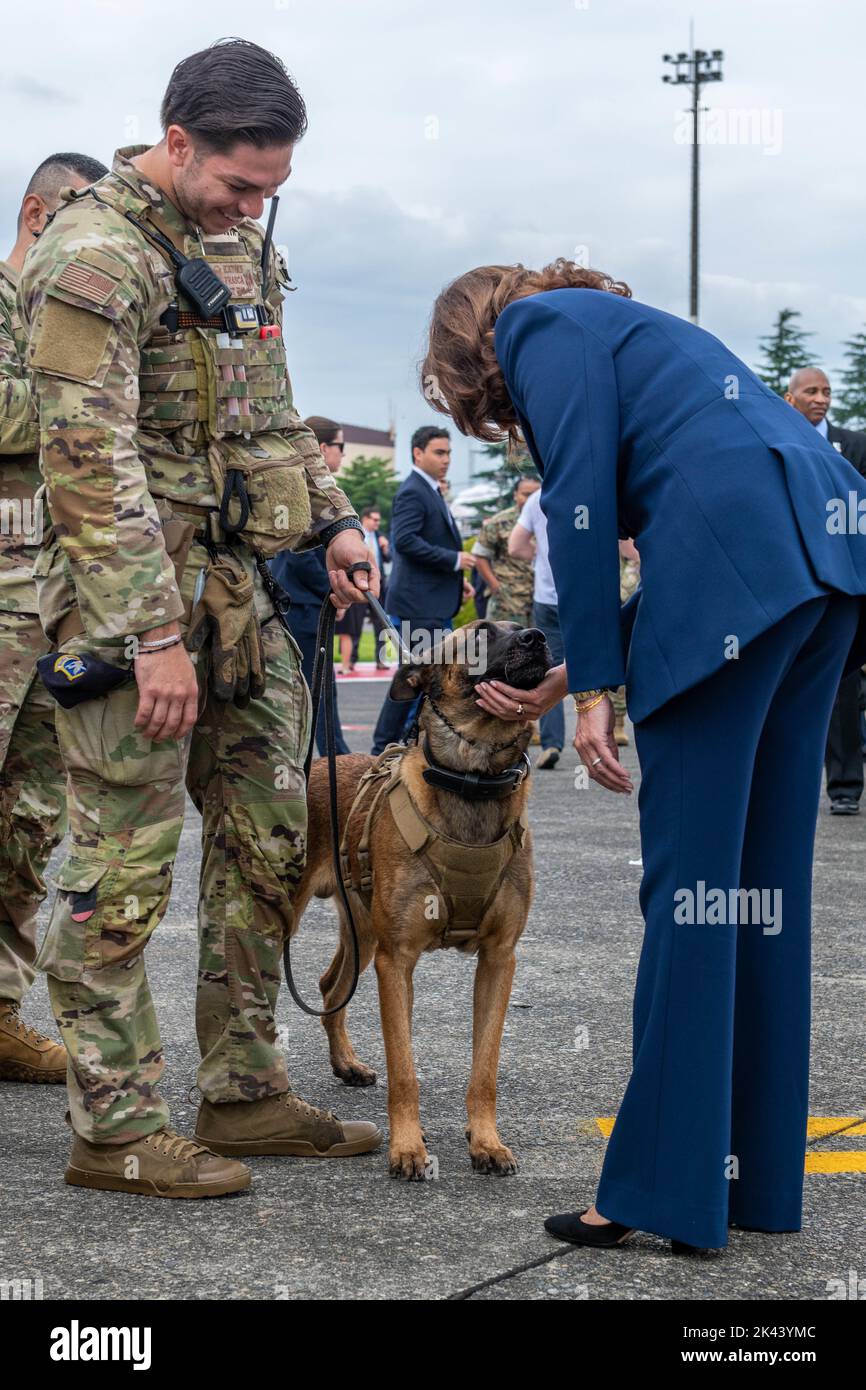 Le vice-président des États-Unis Kamala D. Harris accueille Rroswell, 374th chiens de travail militaires de l'escadron des forces de sécurité, lors de son départ à la base aérienne de Yokota, au Japon, le 29 septembre 2022. Le vice-président Harris s'est joint à d'autres dignitaires et dirigeants du monde pour rendre hommage à la vie et à la mémoire de l'ancien Premier ministre japonais Shinzo Abe lors de ses funérailles d'État. (É.-U. Photo de la Force aérienne par le sergent d'état-major. Jessica Avallone) Banque D'Images