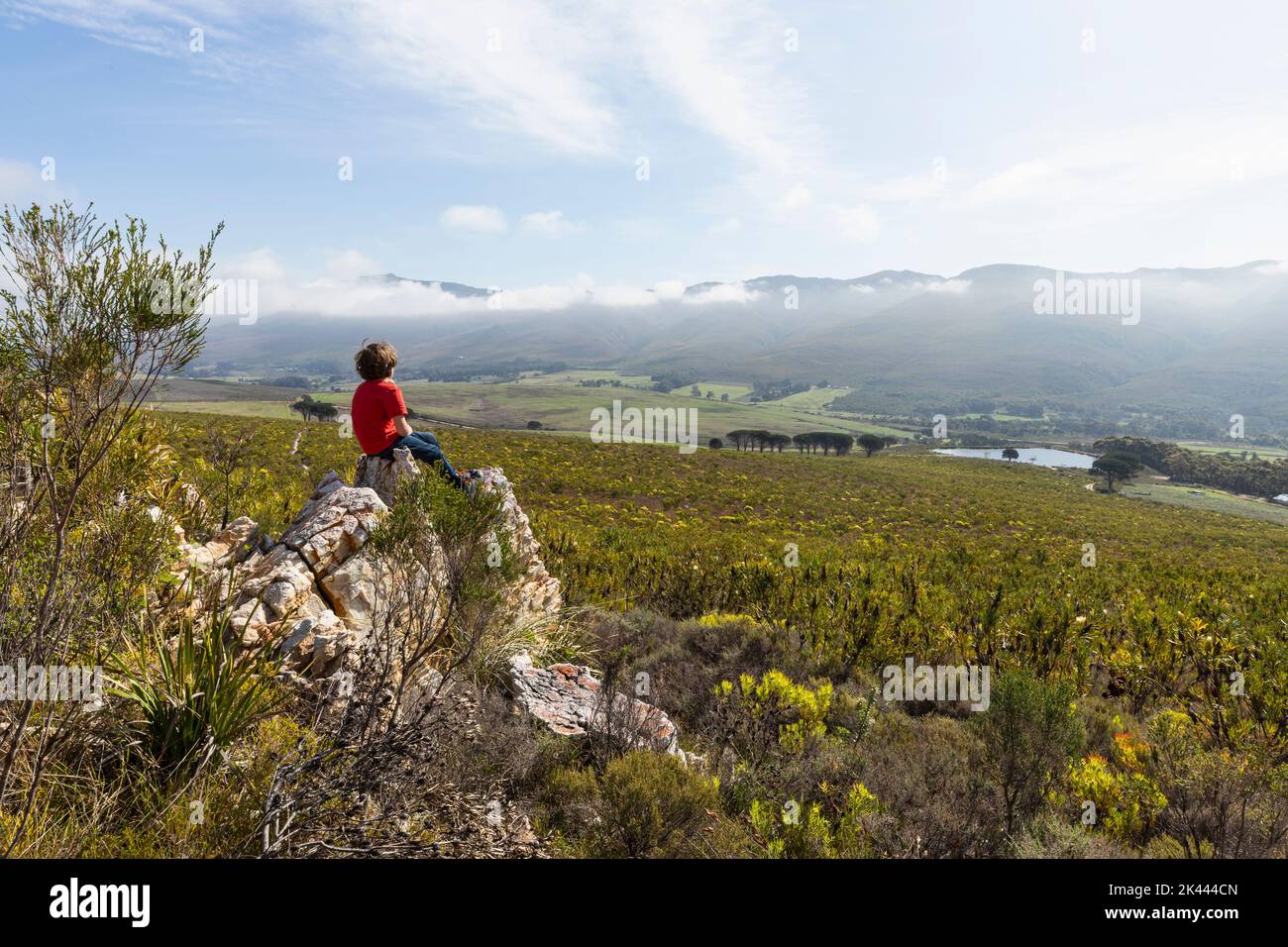 Afrique du Sud, Stanford Valley Manor, Boy (8-9) assis sur des rochers et regardant la vue Banque D'Images