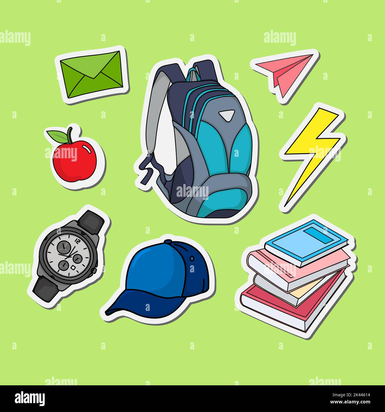 les autocollants mode pour garçons sont de retour à l'école avec un motif vectoriel style sac et chapeau Illustration de Vecteur