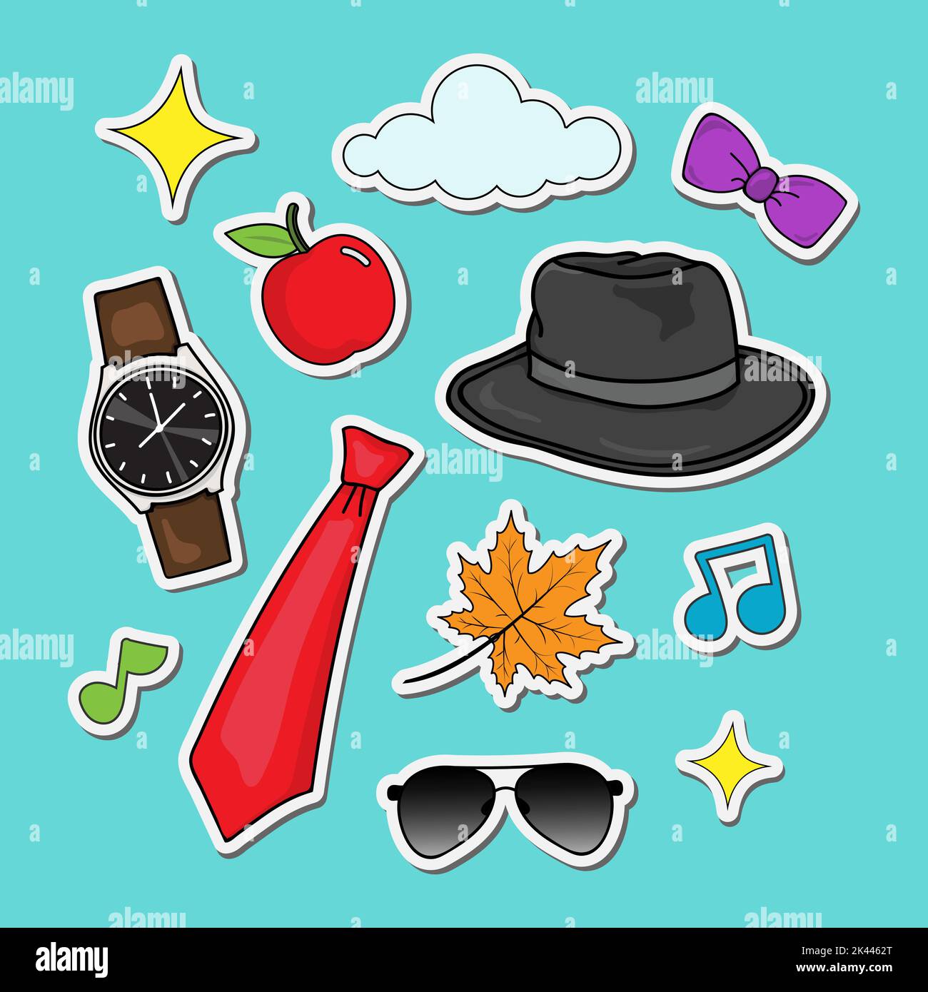 collection d'autocollants tendance style homme cool avec montre à cravate chapeau et illustration de la conception de lunettes Illustration de Vecteur