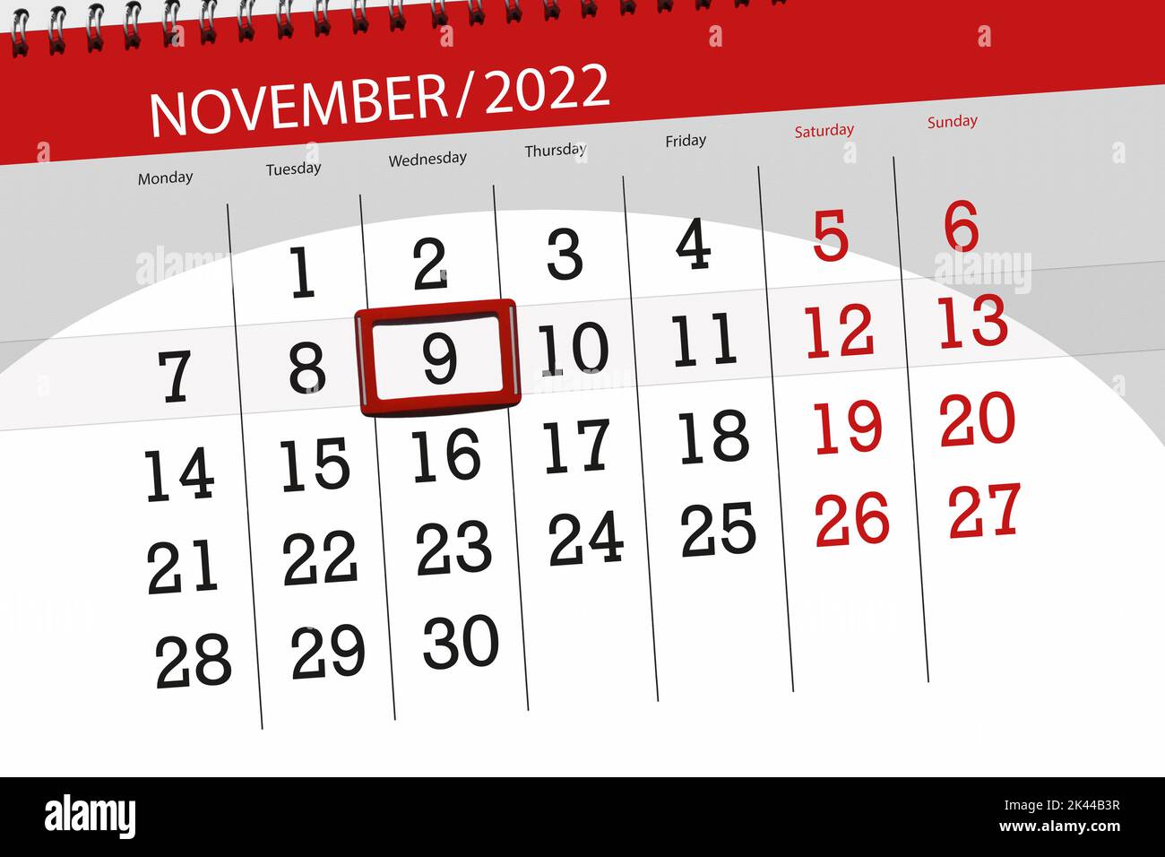 Calendrier 2022, date limite, jour, mois, page, organisateur, date, novembre, mercredi, numéro 9. Banque D'Images