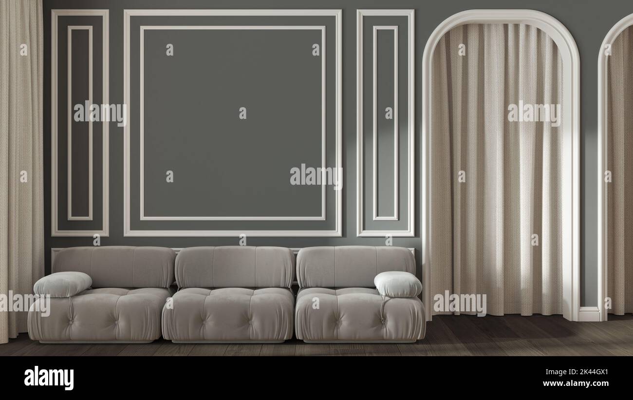 Salon néoclassique, murs moulés avec espace de copie, gabarit. Porte voûtée avec rideau et parquet. Tons blancs et sombres, canapé moderne en velours. Banque D'Images