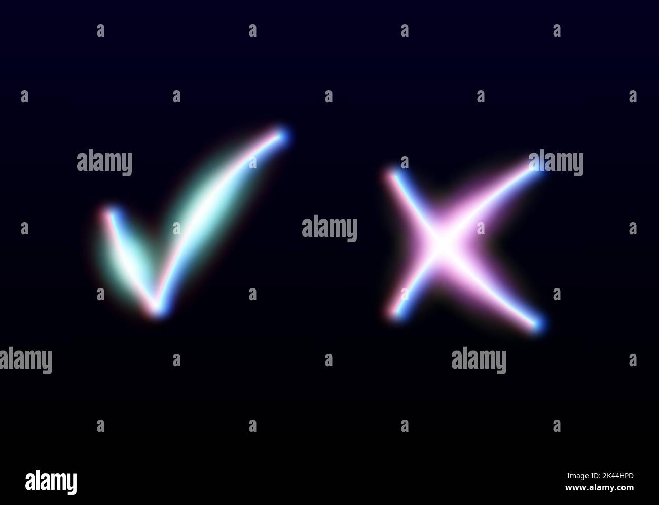 Néon lumineux oui et pas de coches. Vérifier les signes de brillance et de croisement. Voter approuver et rejeter les icônes lumineuses. Emblèmes X et V. Illustration de Vecteur