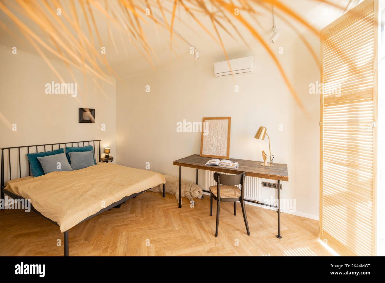 Intérieur d'appartement studio avec chambre confortable et espace de travail Banque D'Images