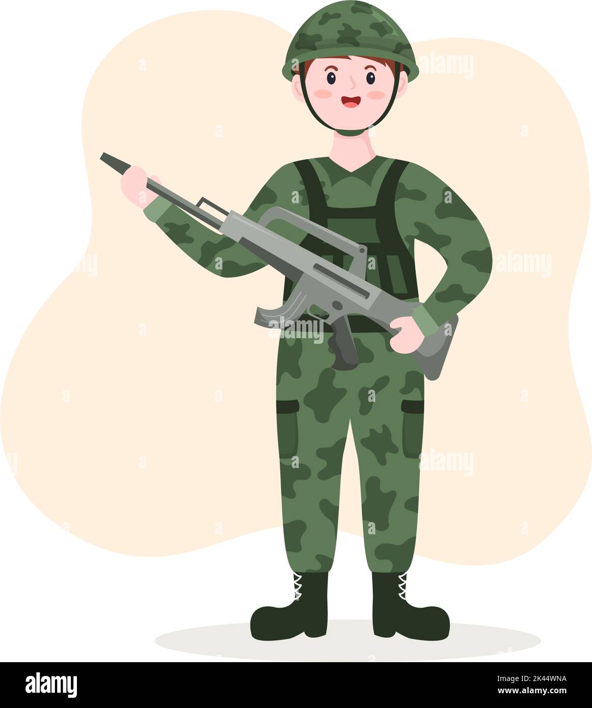Modèle de la Force militaire dessin à la main dessin mignon dessin à plat de dessin animé avec un soldat, une arme, un char ou un équipement lourd de protection Illustration de Vecteur