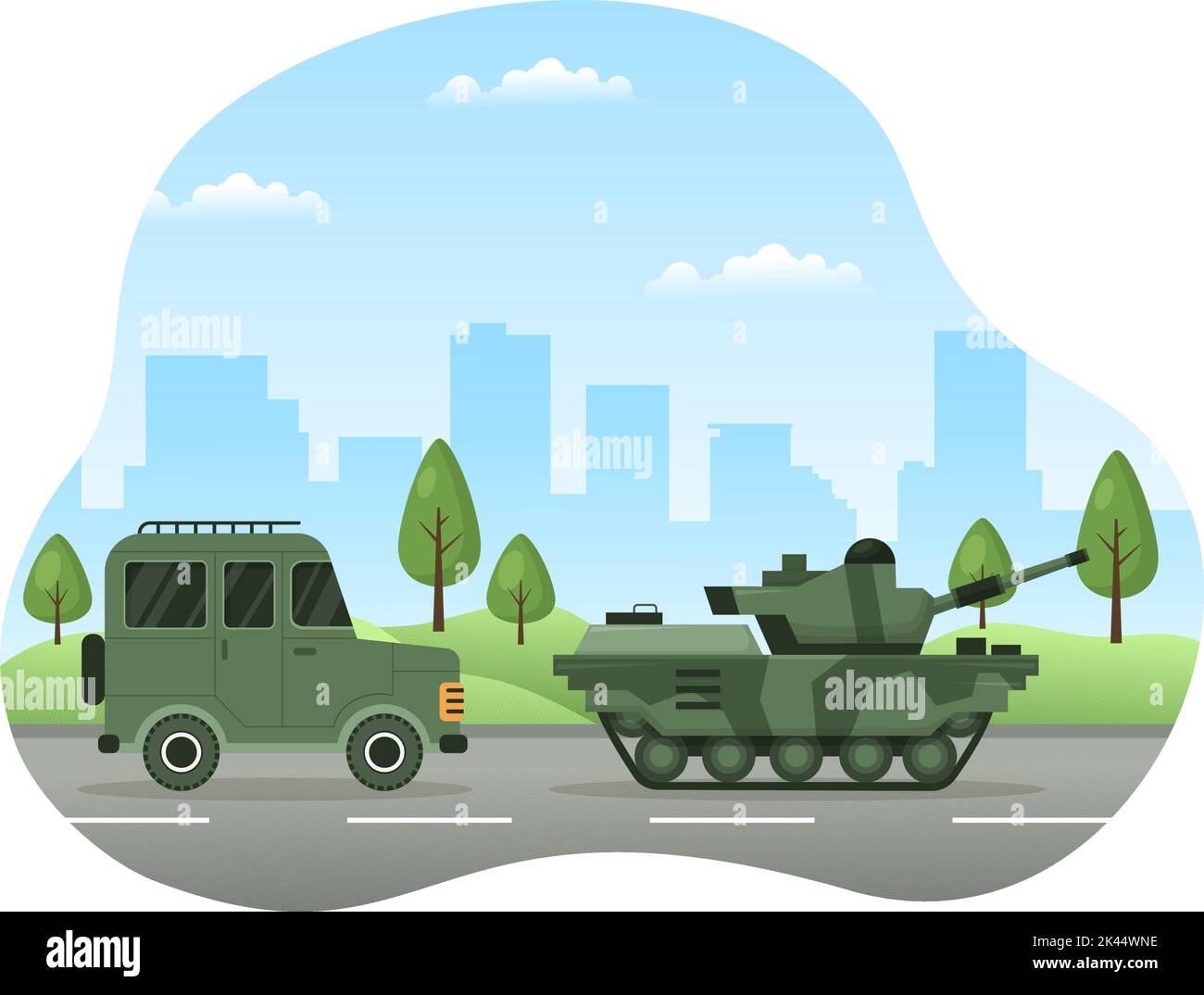 Modèle de la Force militaire dessin à la main dessin mignon dessin à plat de dessin animé avec un soldat, une arme, un char ou un équipement lourd de protection Illustration de Vecteur