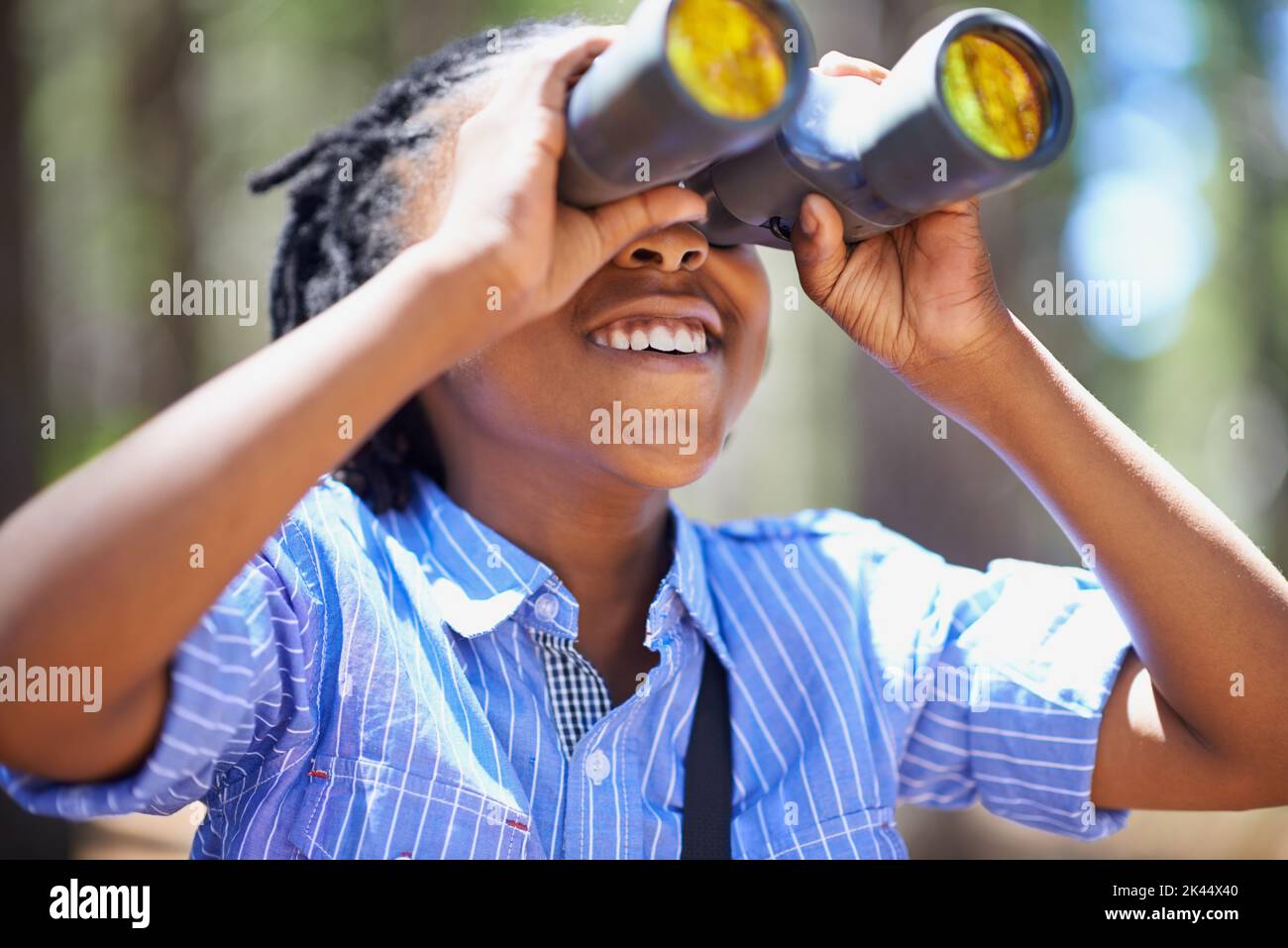 Il aime l'observation des oiseaux. Un jeune garçon dans les bois avec une paire de jumelles. Banque D'Images