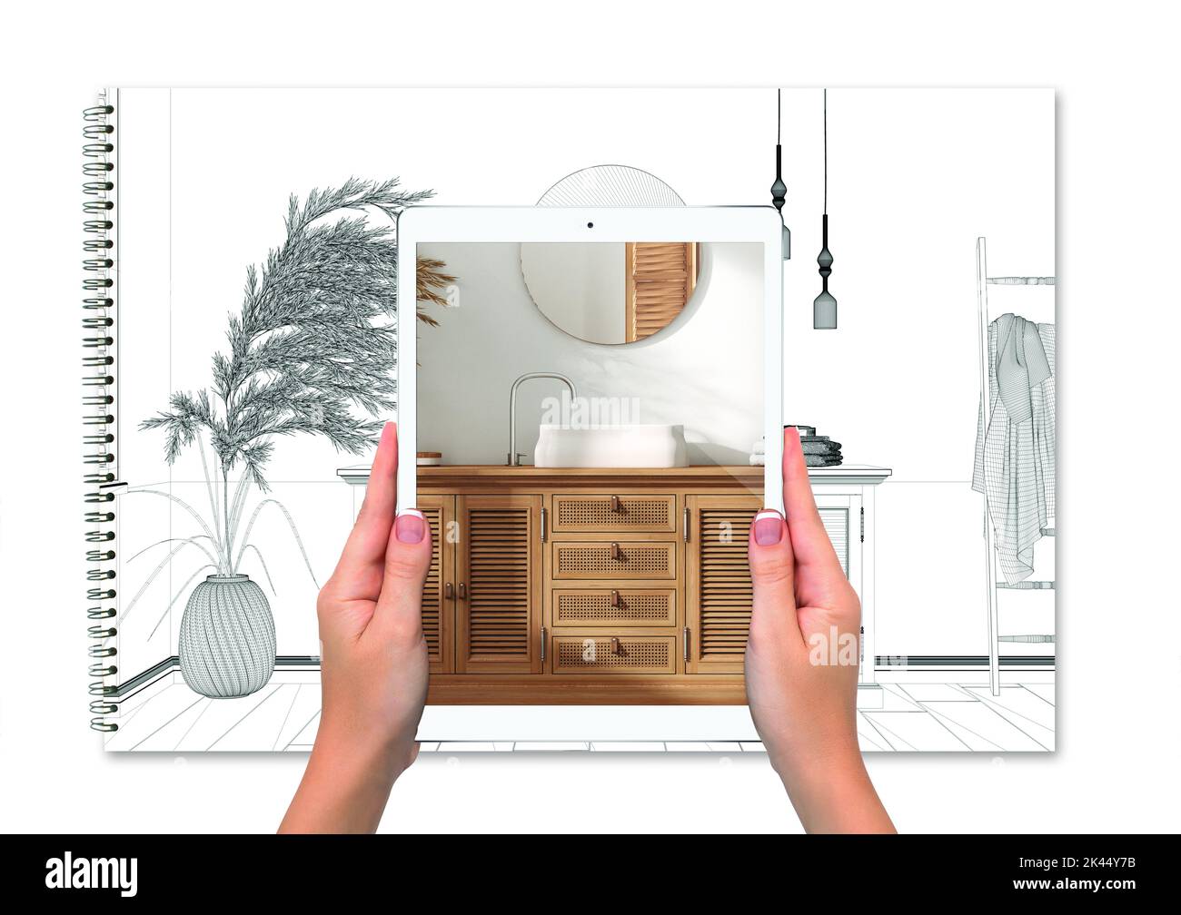 Main tenant tablette montrant salle de bain en bois avec lavabo, fond de projet blanc total, concept de réalité augmentée, application pour simuler l'ameublement Banque D'Images
