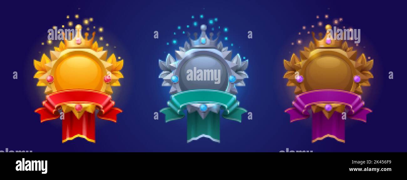 Cadres de jeu pour avatar ou taux de niveau. Badges de récompense vides en or, argent et bronze avec bannières, icônes d'interface utilisateur. Éléments graphiques bonus isolés, récompense, trop Illustration de Vecteur