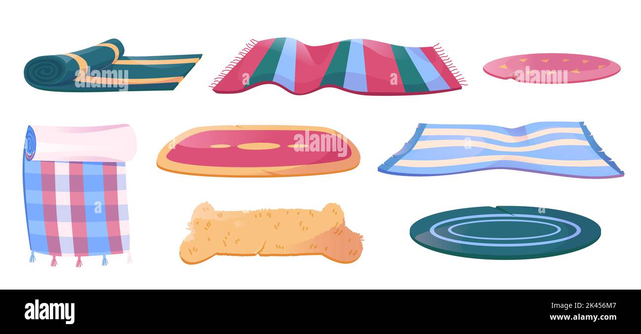 Tapis, couvertures et tapis colorés isolés sur fond blanc. Illustration de bande dessinée, couvre-plancher à carreaux de différentes tailles et Illustration de Vecteur