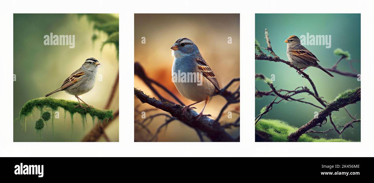 téléobjectif d'oiseau en moineau assis sur une branche moussy. affiche d'art numérique 3d Banque D'Images