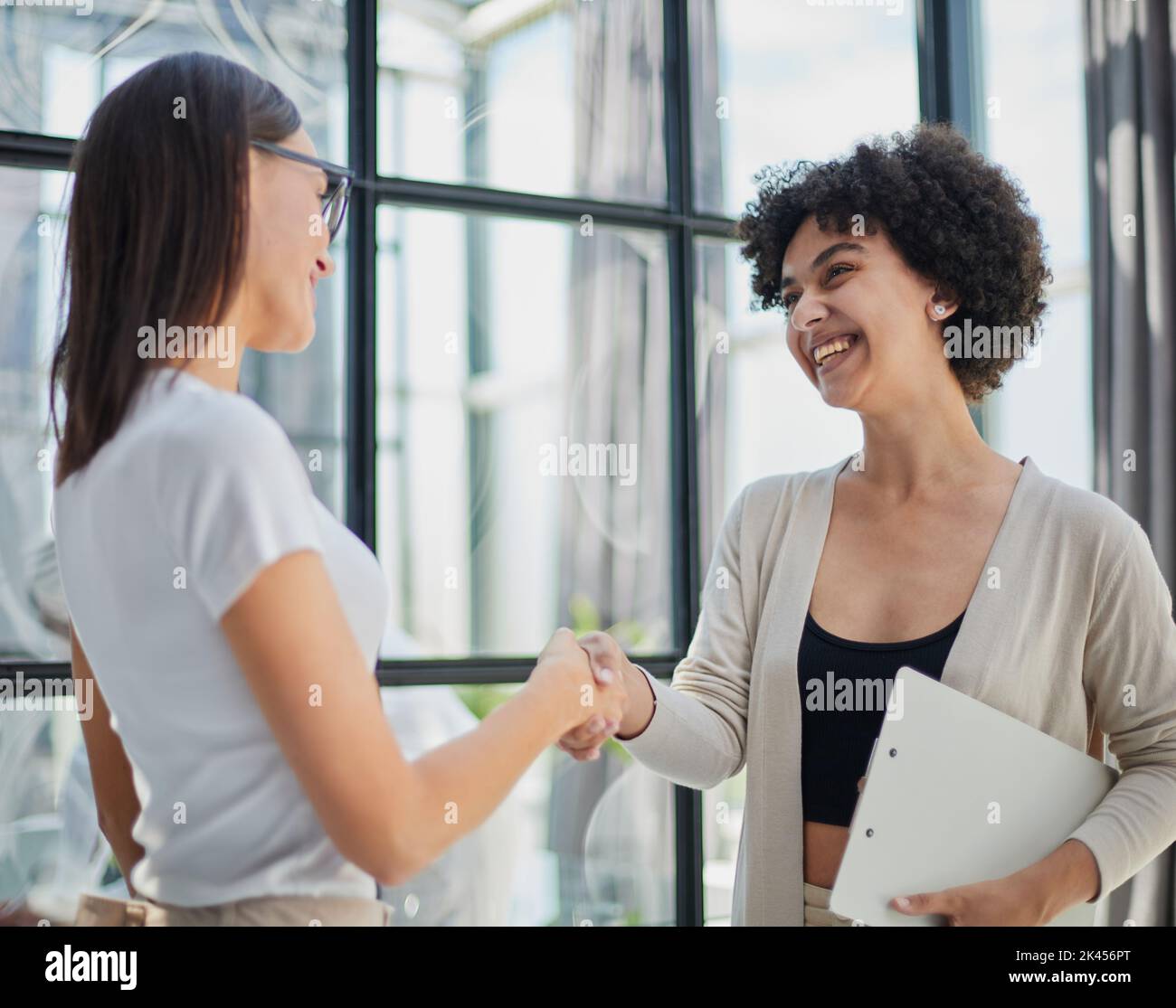 Two Businesswomen Shaking Hands in Modern Office Banque D'Images
