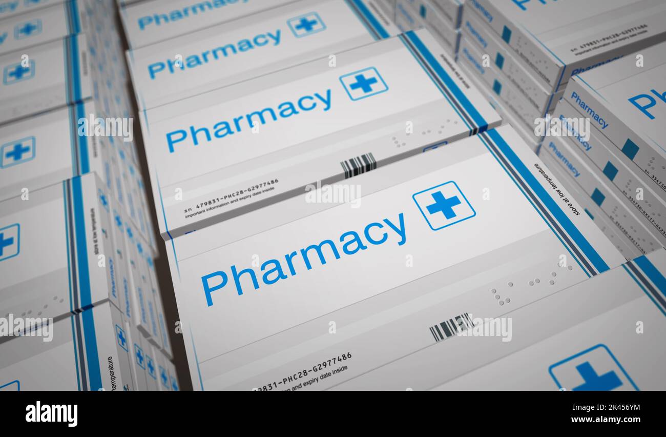 Ligne de production de boîtes de pharmacie, de médecine et de soins de santé. Usine de conditionnement de pilules d'urgence et d'aide médicale. Résumé concept 3D illustration du rendu. Banque D'Images