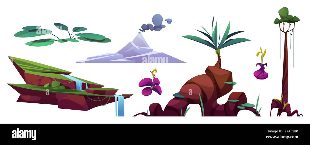 Paysage de la planète préhistorique avec volcan, plantes vertes, fleurs et cascade isolée sur fond blanc. Montagne avec cratère et fumée, tropi Illustration de Vecteur