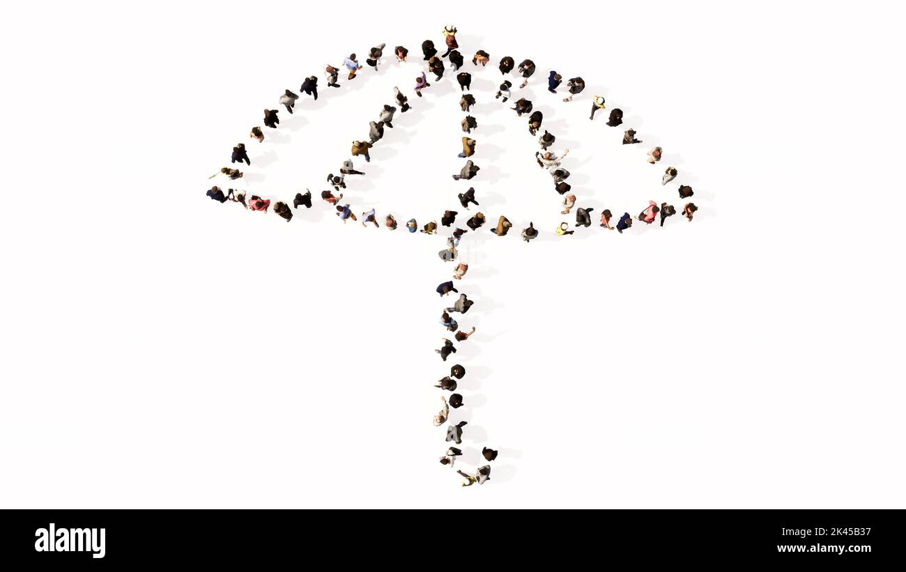 Concept ou conceptuel grand rassemblement de personnes formant une image de parapluie ouvert sur fond blanc. Une métaphore 3d pour la protection, la sécurité Banque D'Images