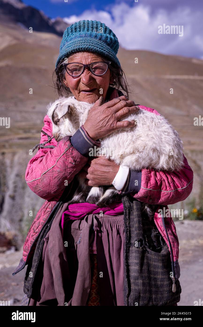 Femme âgée avec à la chèvre, Photoksar, Ladakh, Inde Banque D'Images