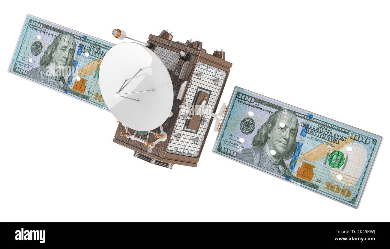 Satellite avec dollars, 3D rendu isolé sur fond blanc Banque D'Images
