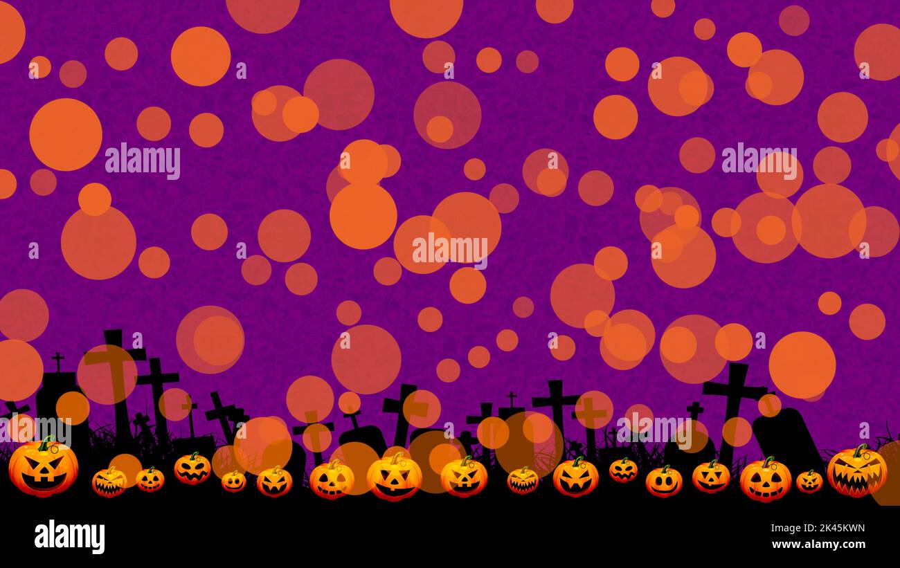 Joyeux Halloween dessin d'illustration de fond avec citrouilles et cimetière. Papier peint effet bokeh de Halloween violet et orange. Banque D'Images