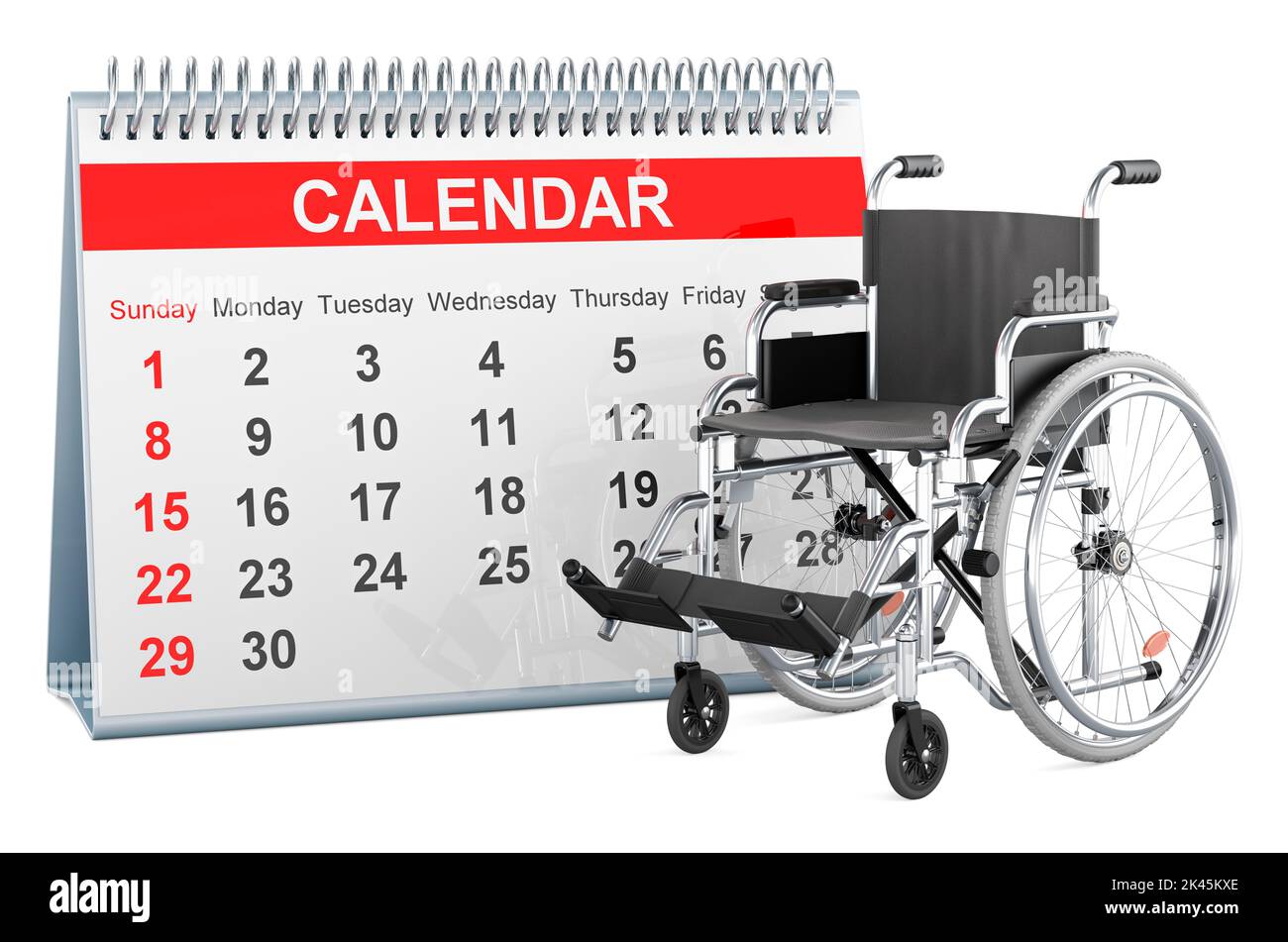 Calendrier de bureau avec fauteuil roulant manuel, 3D rendu isolé sur fond blanc Banque D'Images