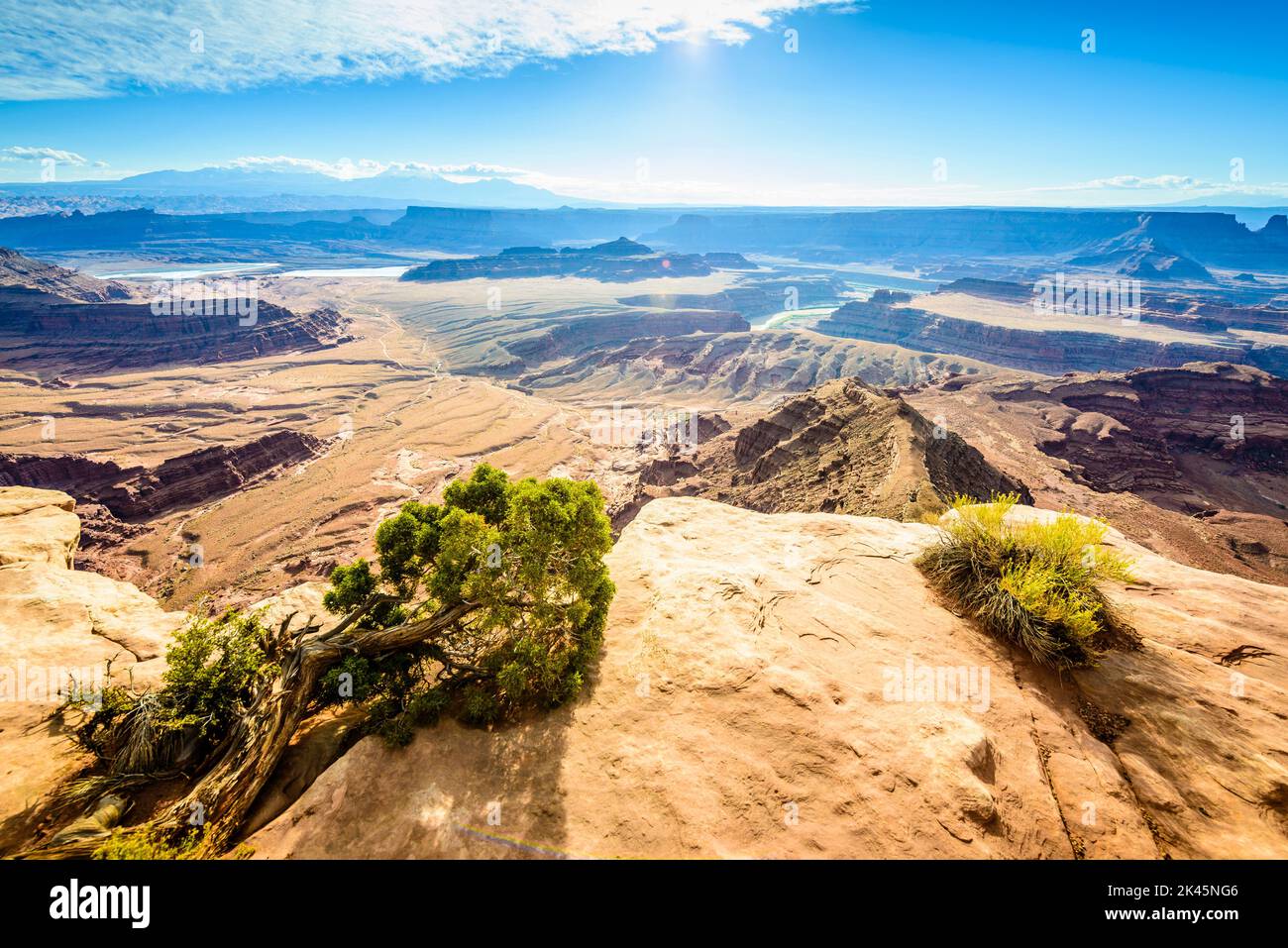 Vue depuis le dessus des messas et des formations rocheuses du parc national de Canyonlands, et vue sur Horseshoe Bend et le fleuve Colorado. Banque D'Images